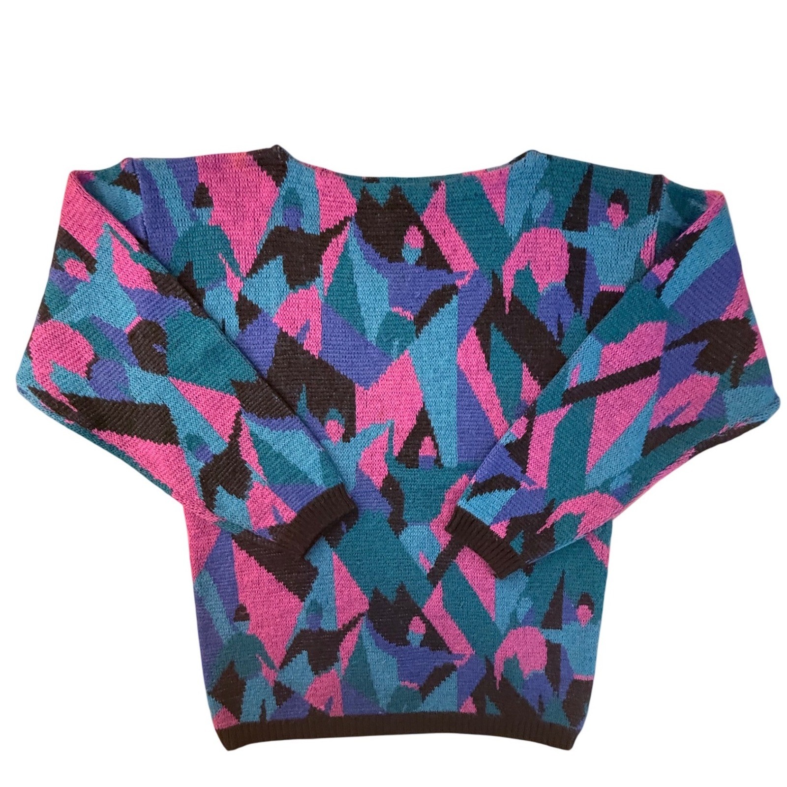 Vintage 90s Odyssey Geometric Abstract Knit Sweater Pink Teal Wool Blend Large