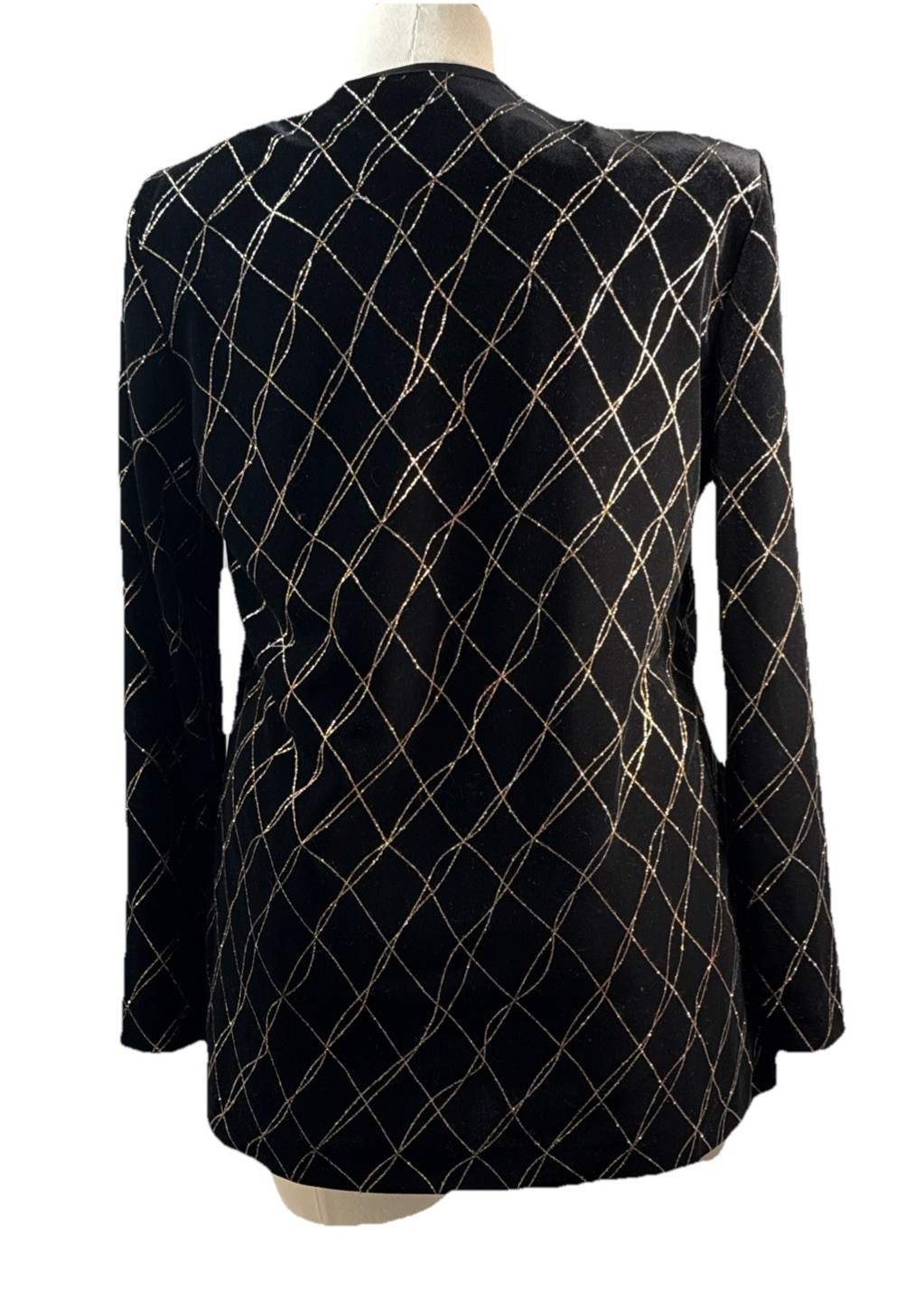 J.B.S. LTD. Size 12 Vintage Velvet Metallic Grid Open Front Jacket Black/Gold