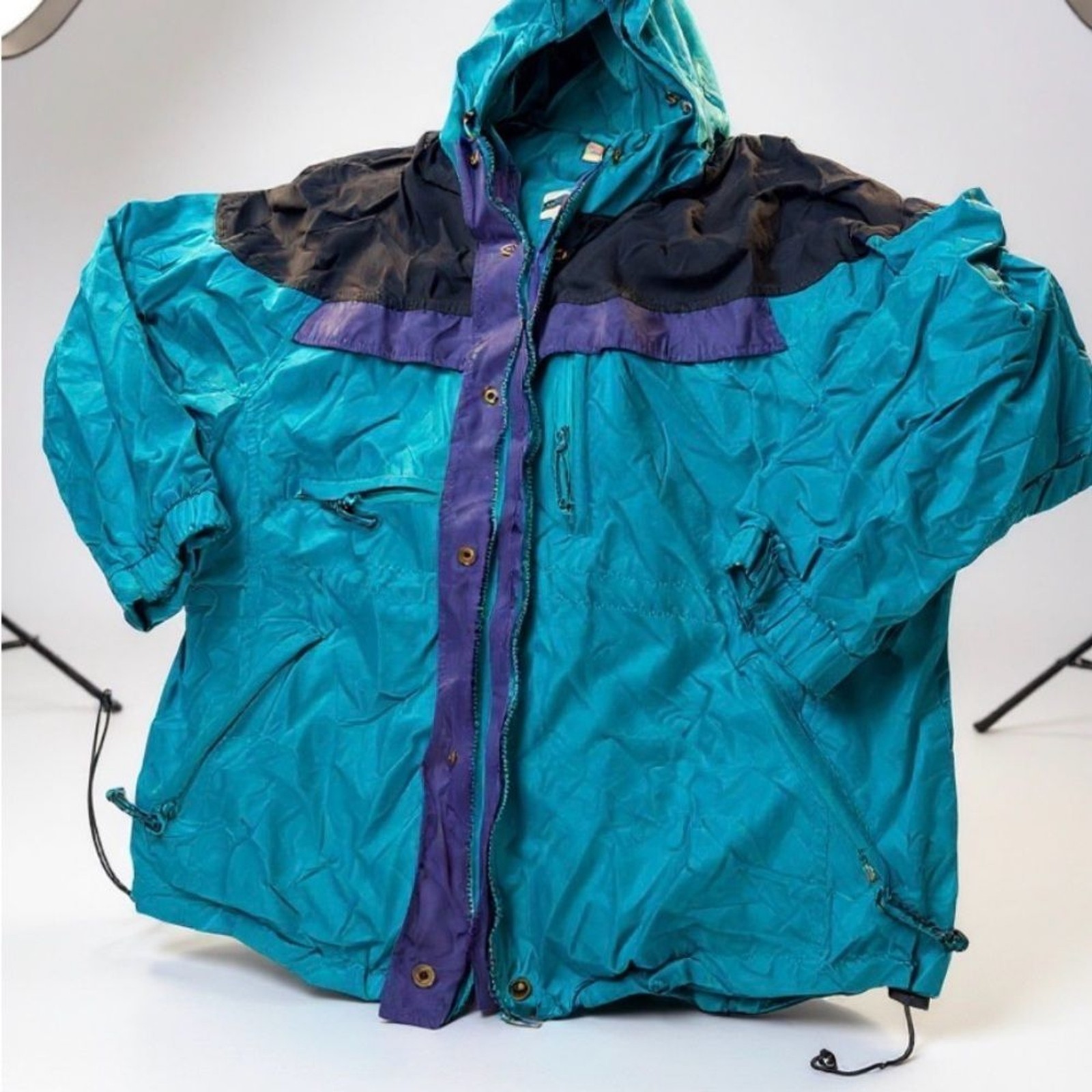 Vintage 1980s Out Brook Colorblock Windbreaker Jacket Hooded | Teal Purple Navy