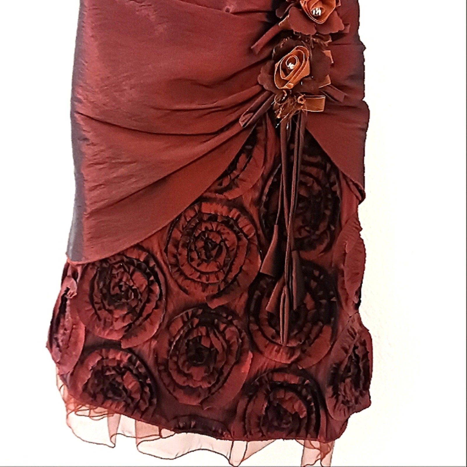 Red Satin Formal Dress 3D Roses Gown XS Burgundy Red Wedding Prom Evening Party