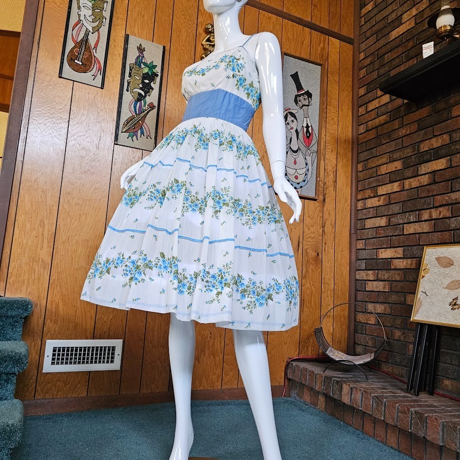 Vintage 50s Aqua Olive Cabbage Rose Voile Sheer Circle Skirt Party Prom Dress S