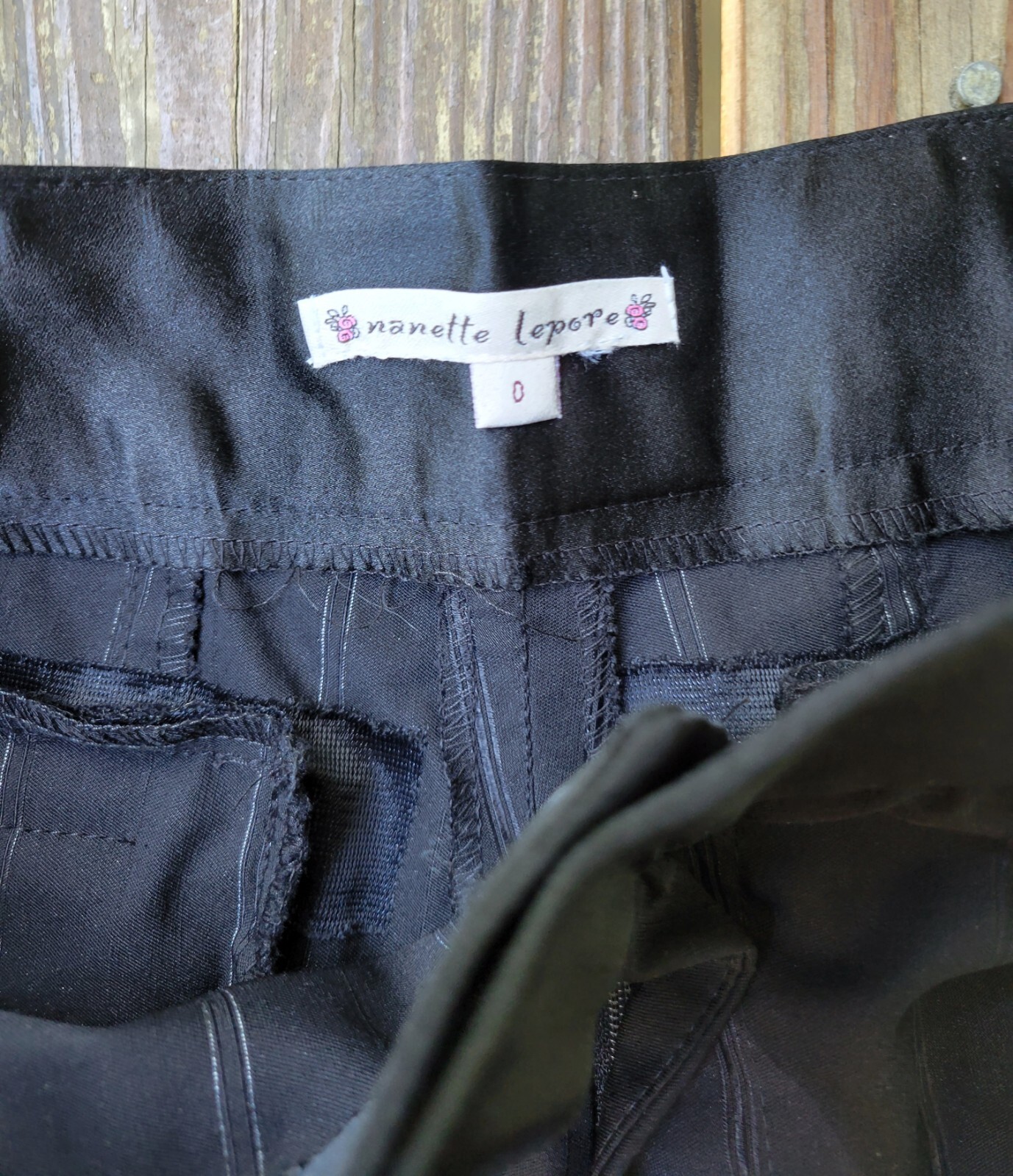Nanette Lepore vintage 90s 00s pant suit black satin stripe brooch low rise 0