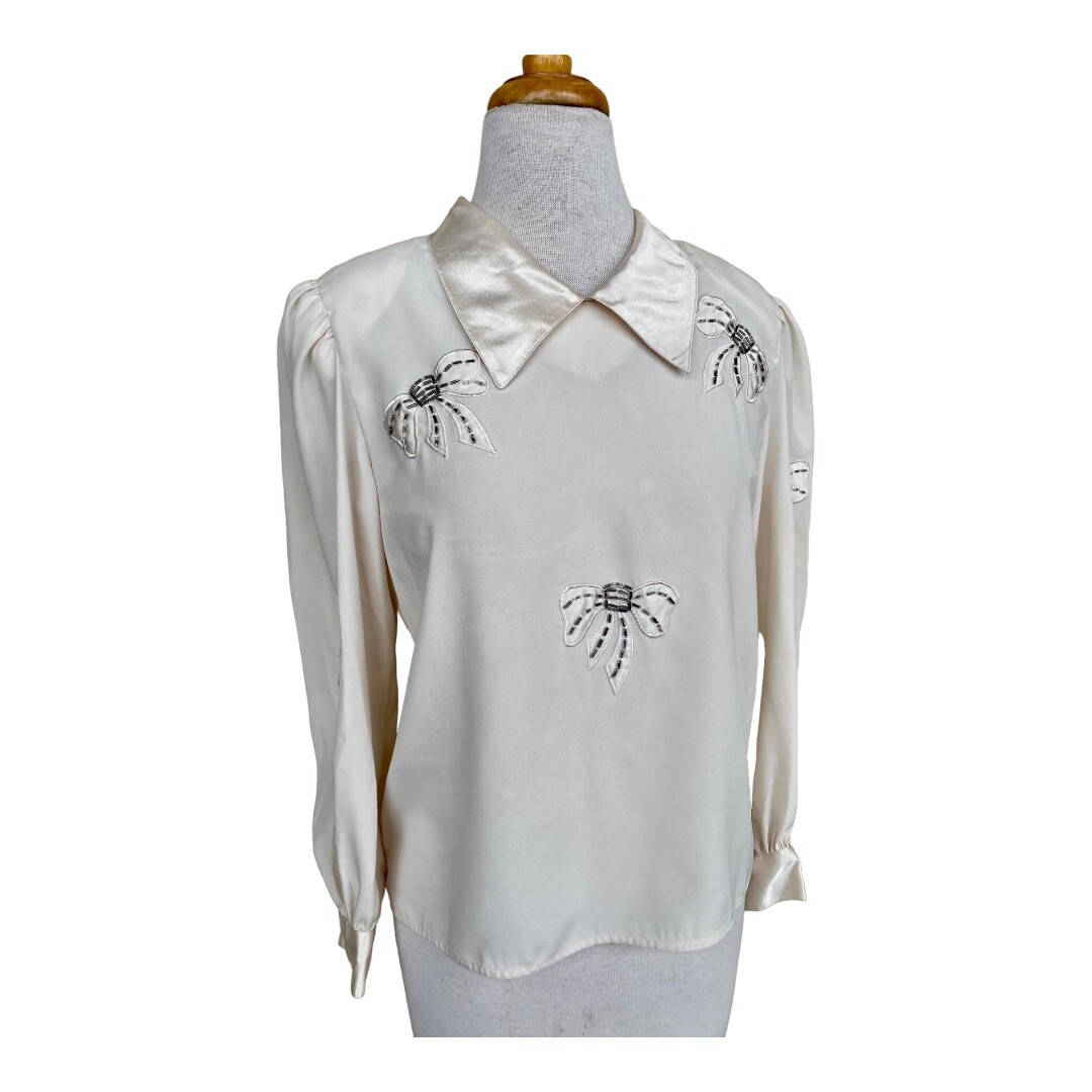 Vtg 80’s Ivory Nilani Blouse Hand Beaded Bow Appliqué Puff Shoulder Victorian 6