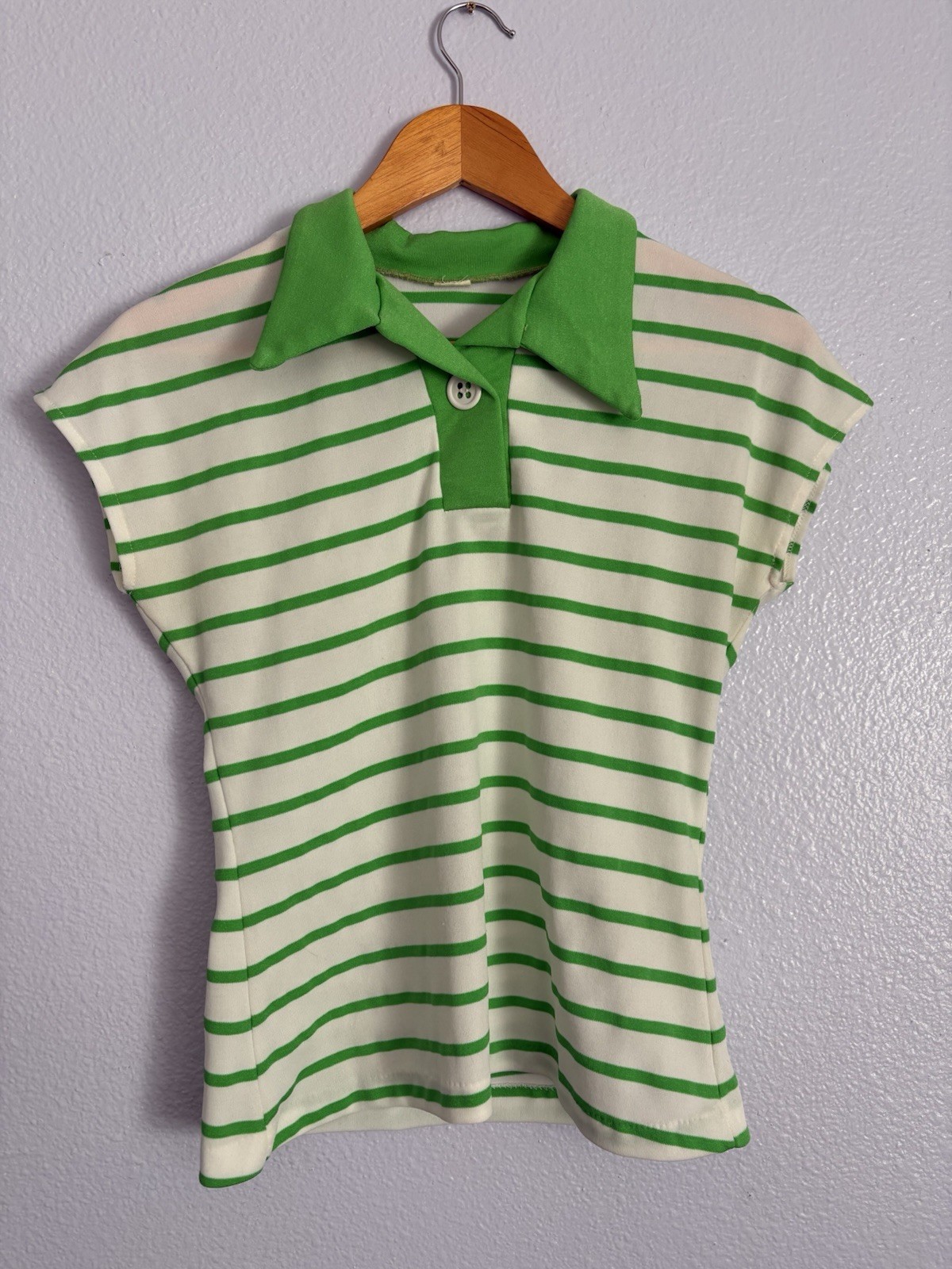 VTG 70s Green Stripe Disco Stretch Dagger Collar Retro Dance Shirt Sz M