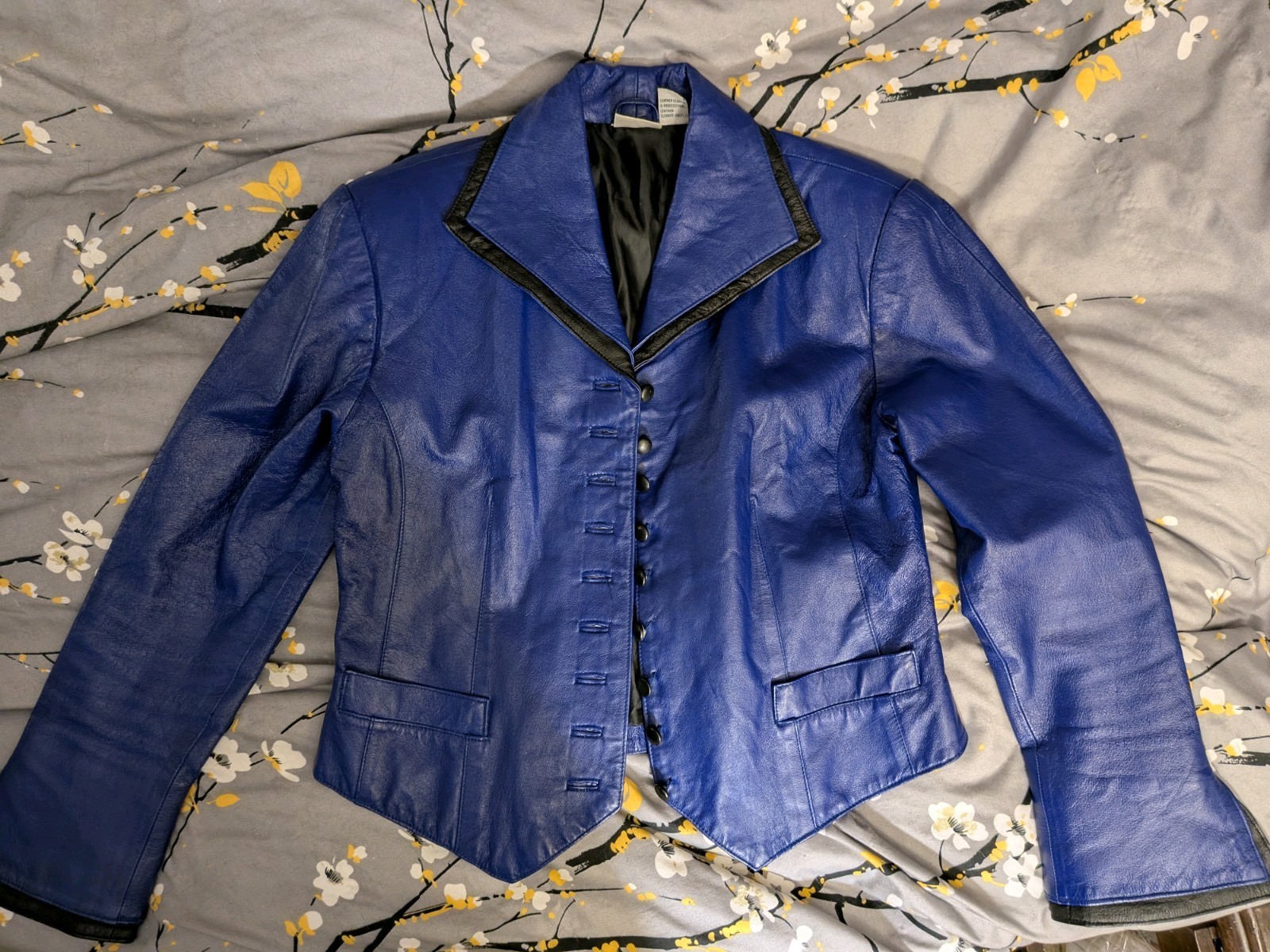 Vtg Leather 2-tone Jacket, Blue With Black Accents, Buttons, Vest Styling Sz 8