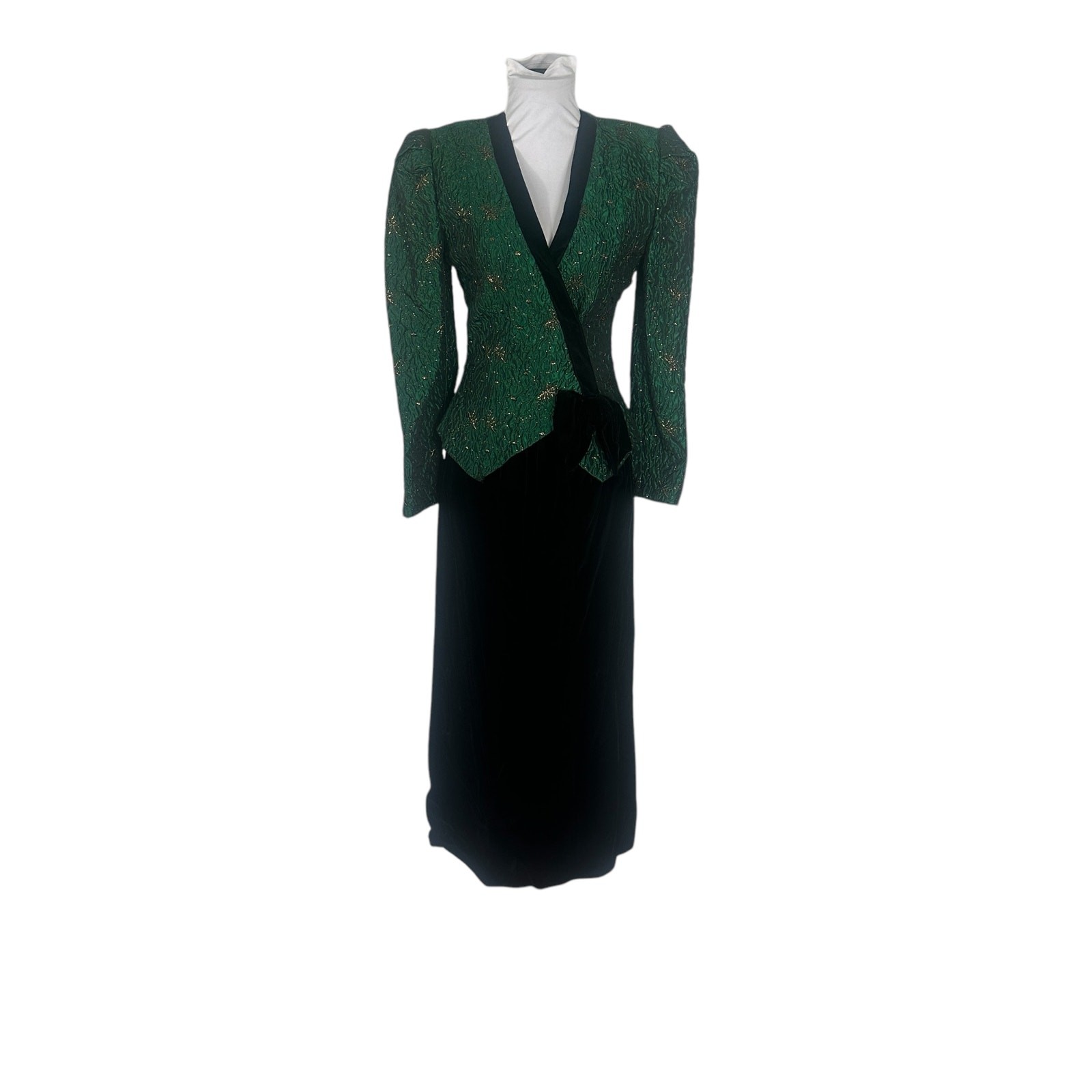 Vintage 1980s Green Gold Brocade and Velvet Two Piece Dress XS/S