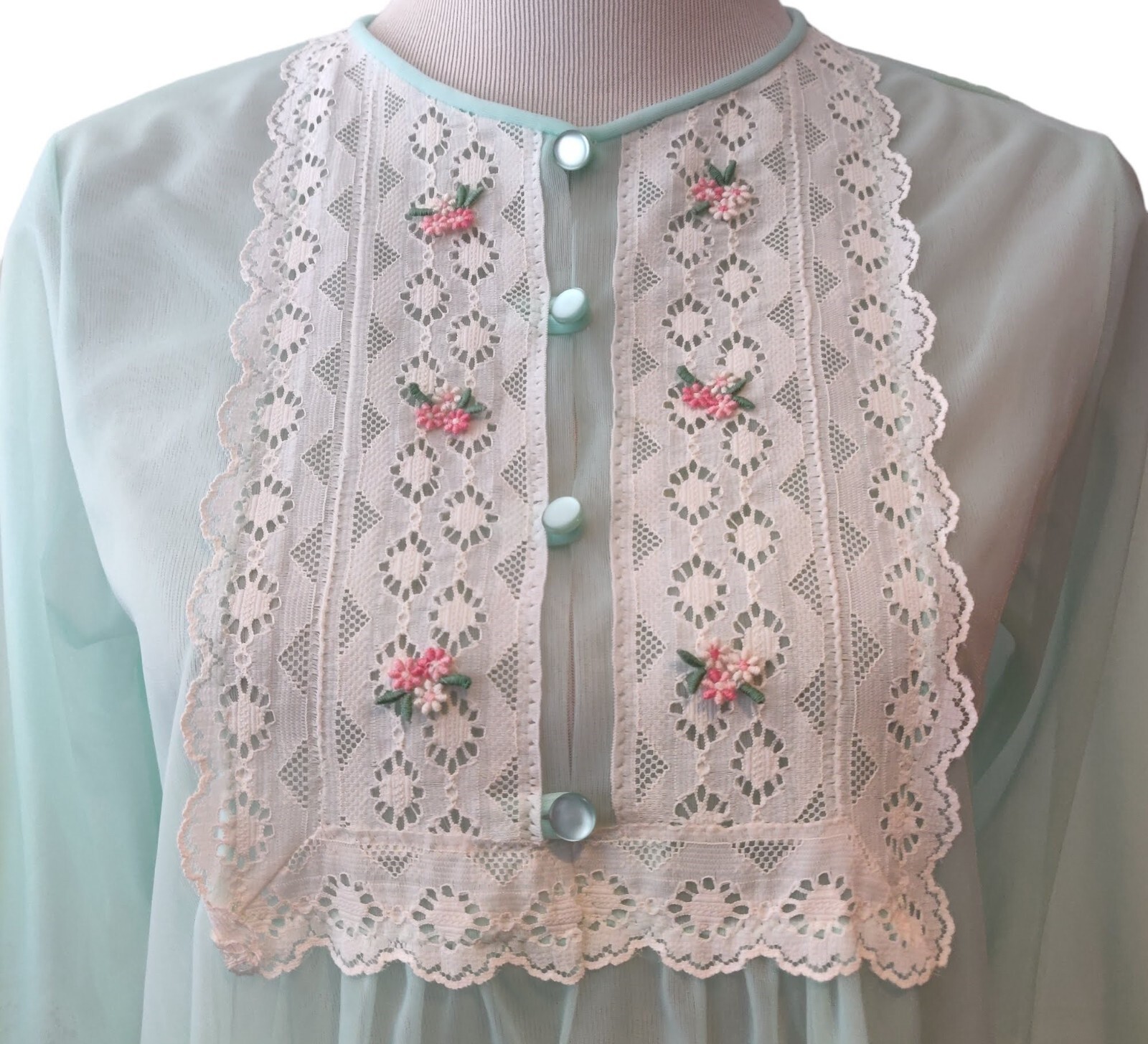 Gilead Womens Vtg Mint Green Lace 1/4 Button Lightweight Semi Sheer Nylon Robe S