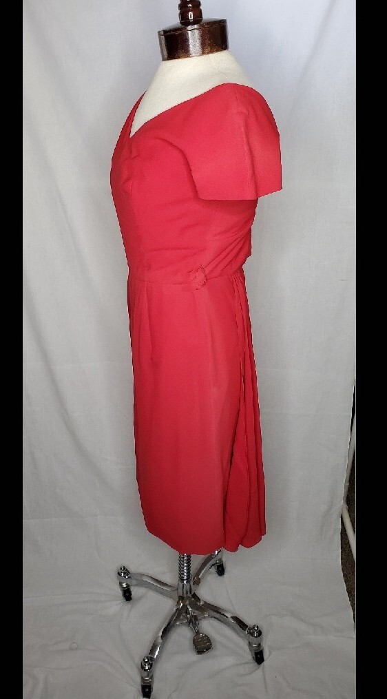 Vintage 1950s Lipstick red dress with V-neck Draped Waist Shash Cocktail Dress