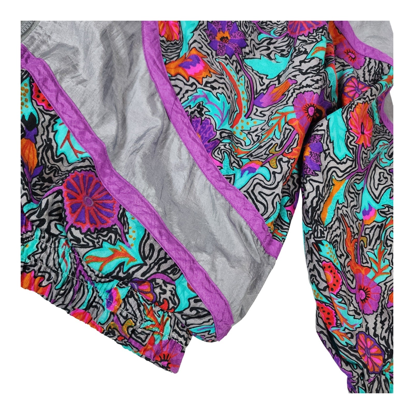 Adolfo Sport Vintage 90s Retro Windbreaker Jacket Silver Floral Abstract Zip M