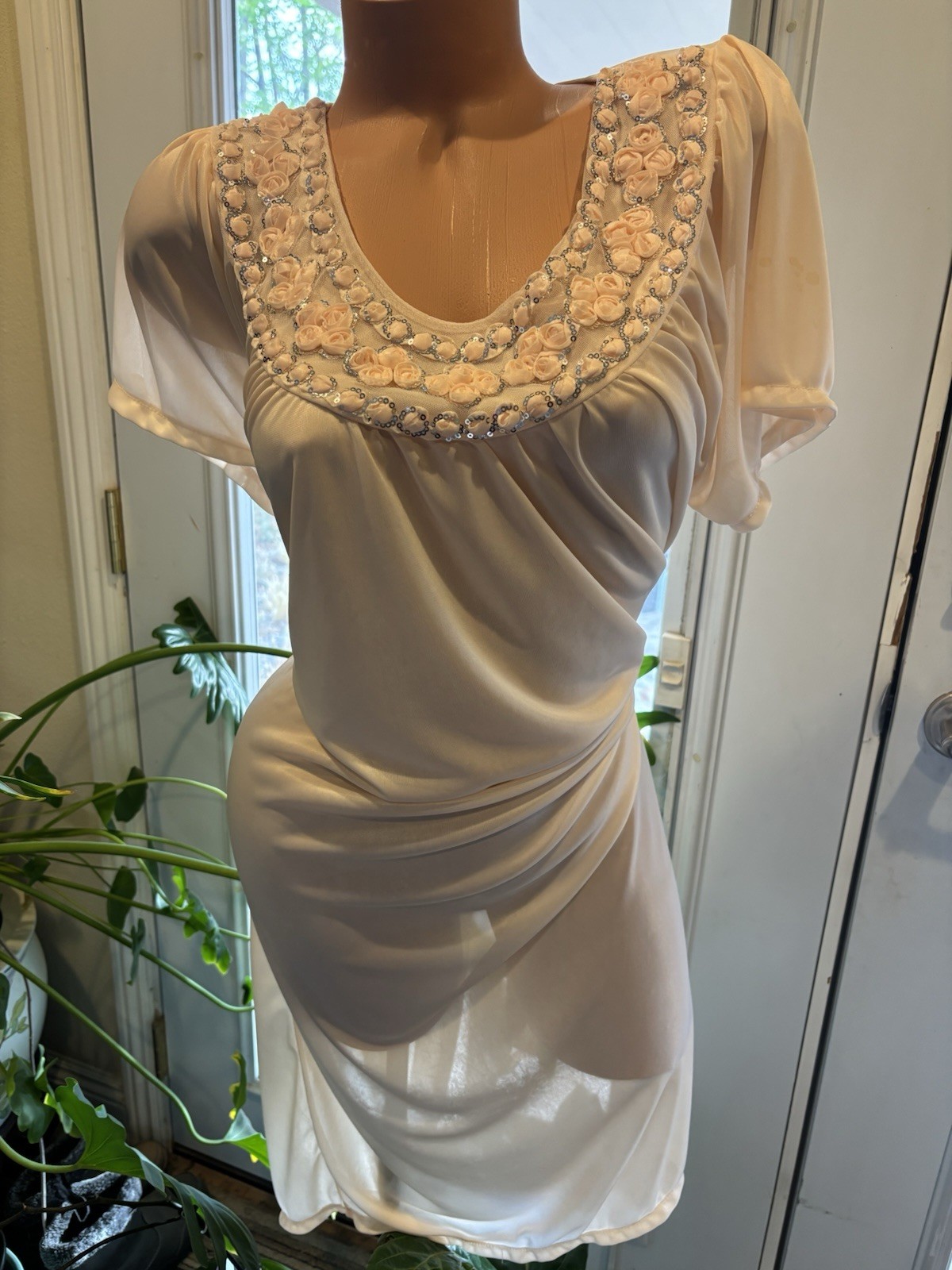 Vtg Satin Soft CreamSickle Shiny Silver Sequins Gown Sheer Long Dress Nightgown