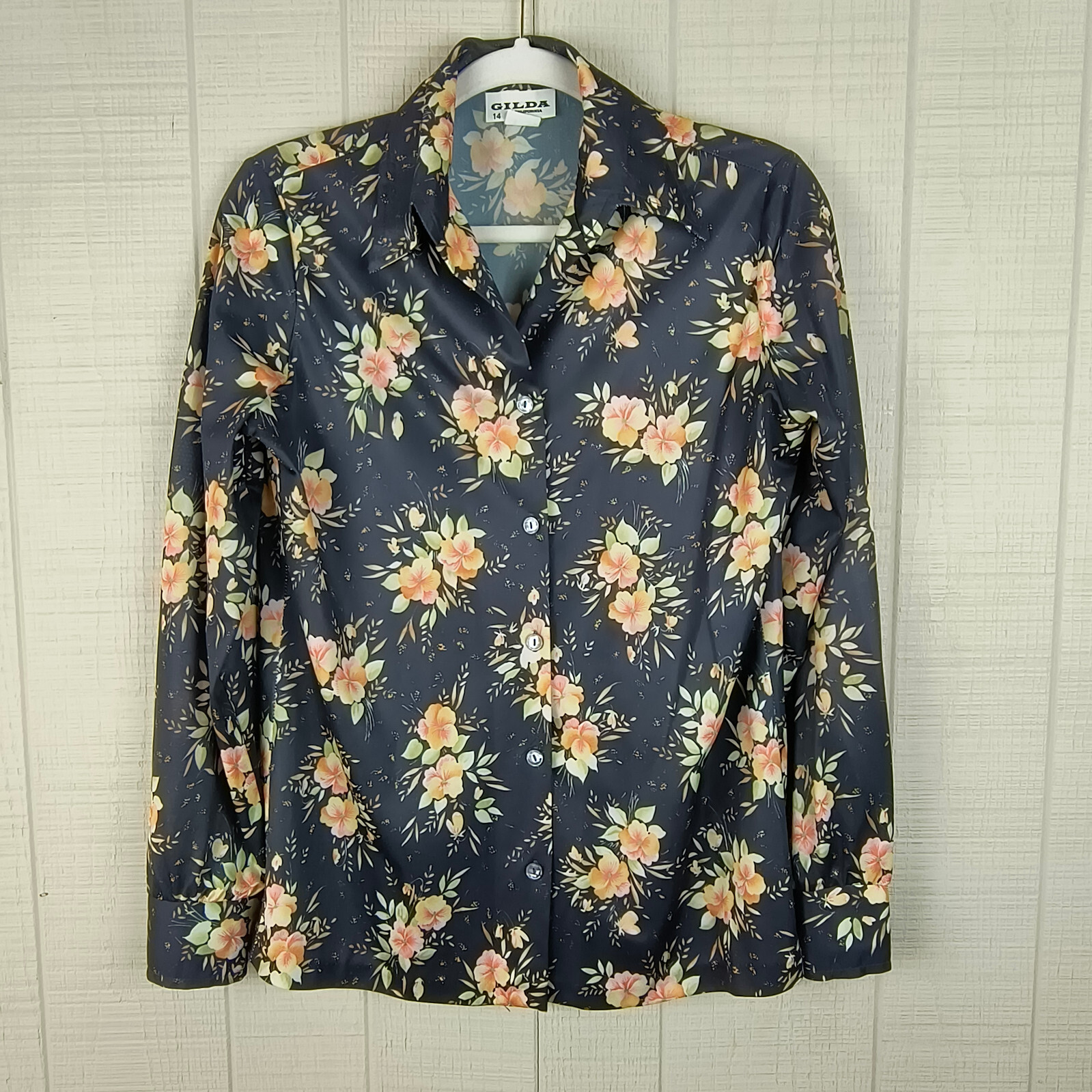 VIntage 70s Gilda of California Blouse Shirt Point Collar Black Floral