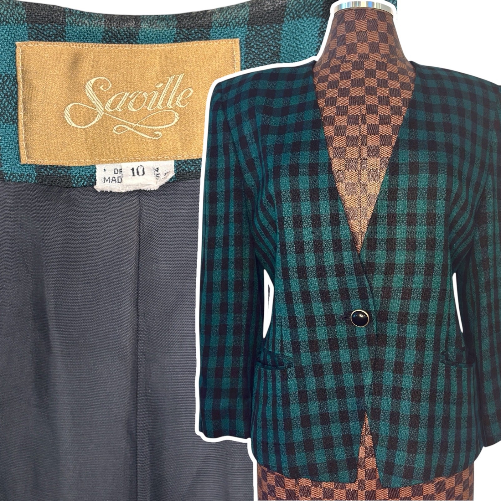 Vintage Saville Green Buffalo Check Plaid Blazer Womens Size 10 Preppy Gingham