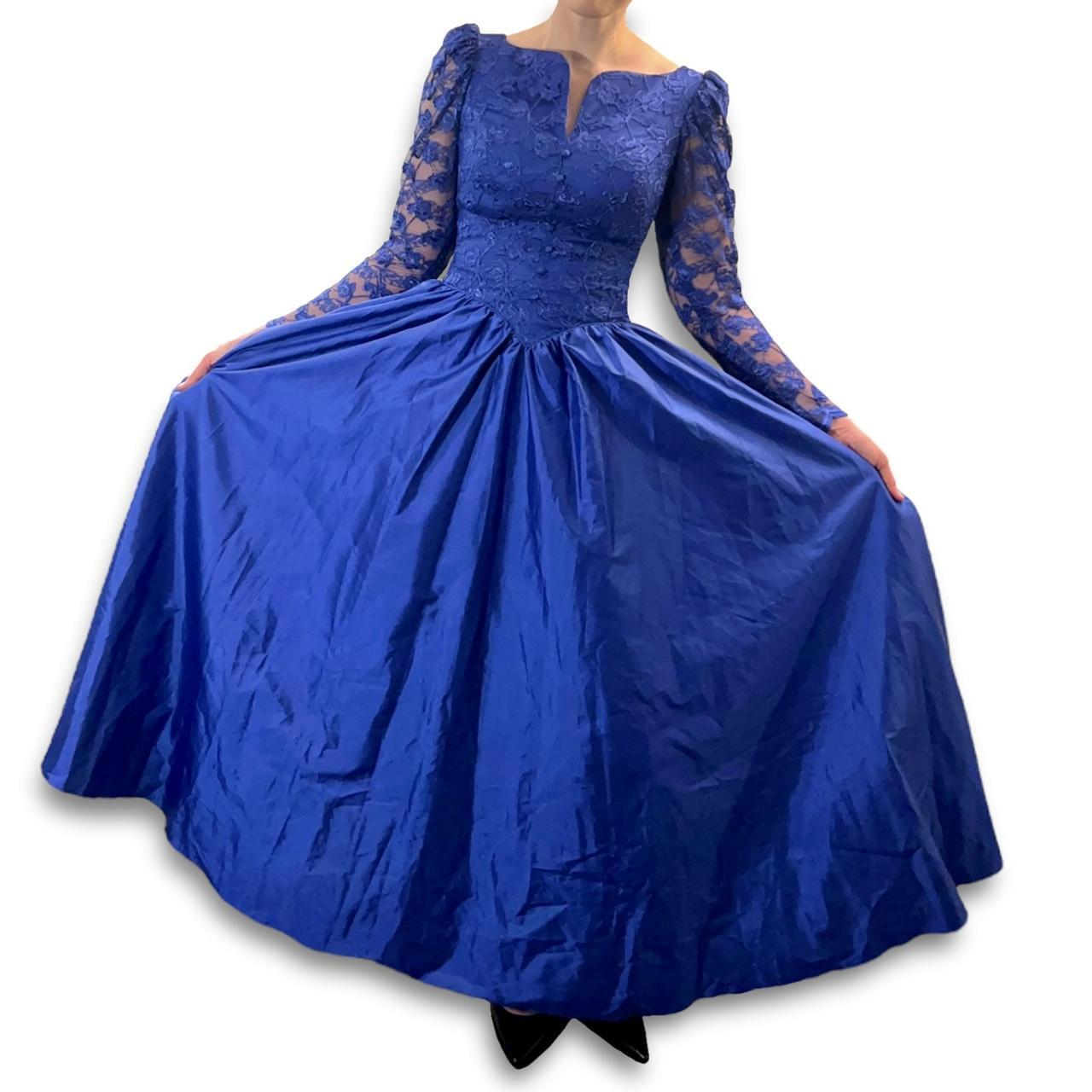 Vintage Blue Lace Long Dress Puff Sleeve Full Skirt Princess Fairy Ball Gown 70s