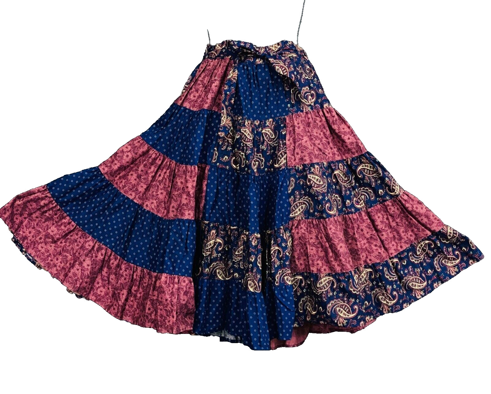 Vintage 1970s patchwork skirt, blue pink paisley boho prairie cotton circle OSFM