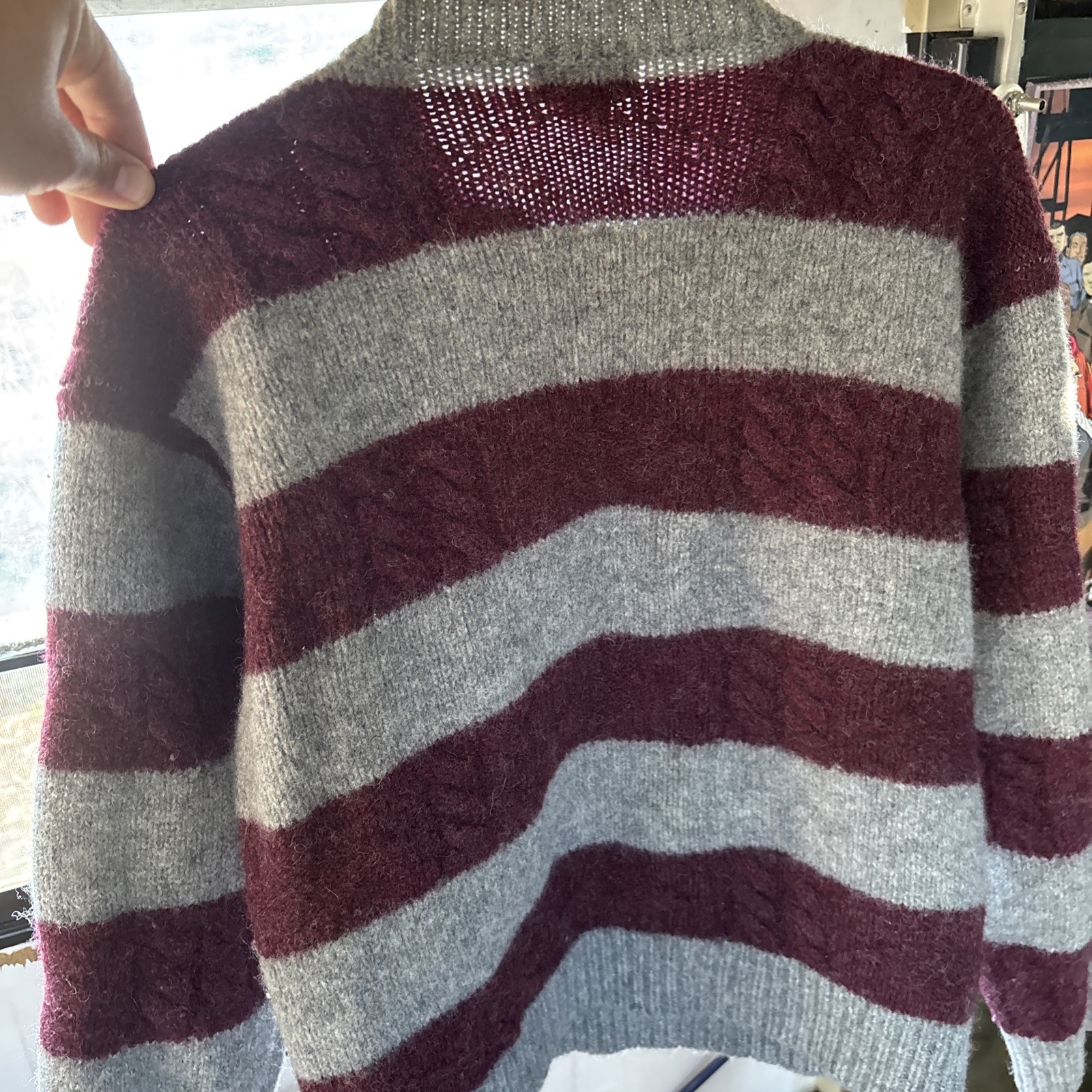 Vintage Striped Wool Knit Crew Neck Sweater Sz small- Burgundy/Gray