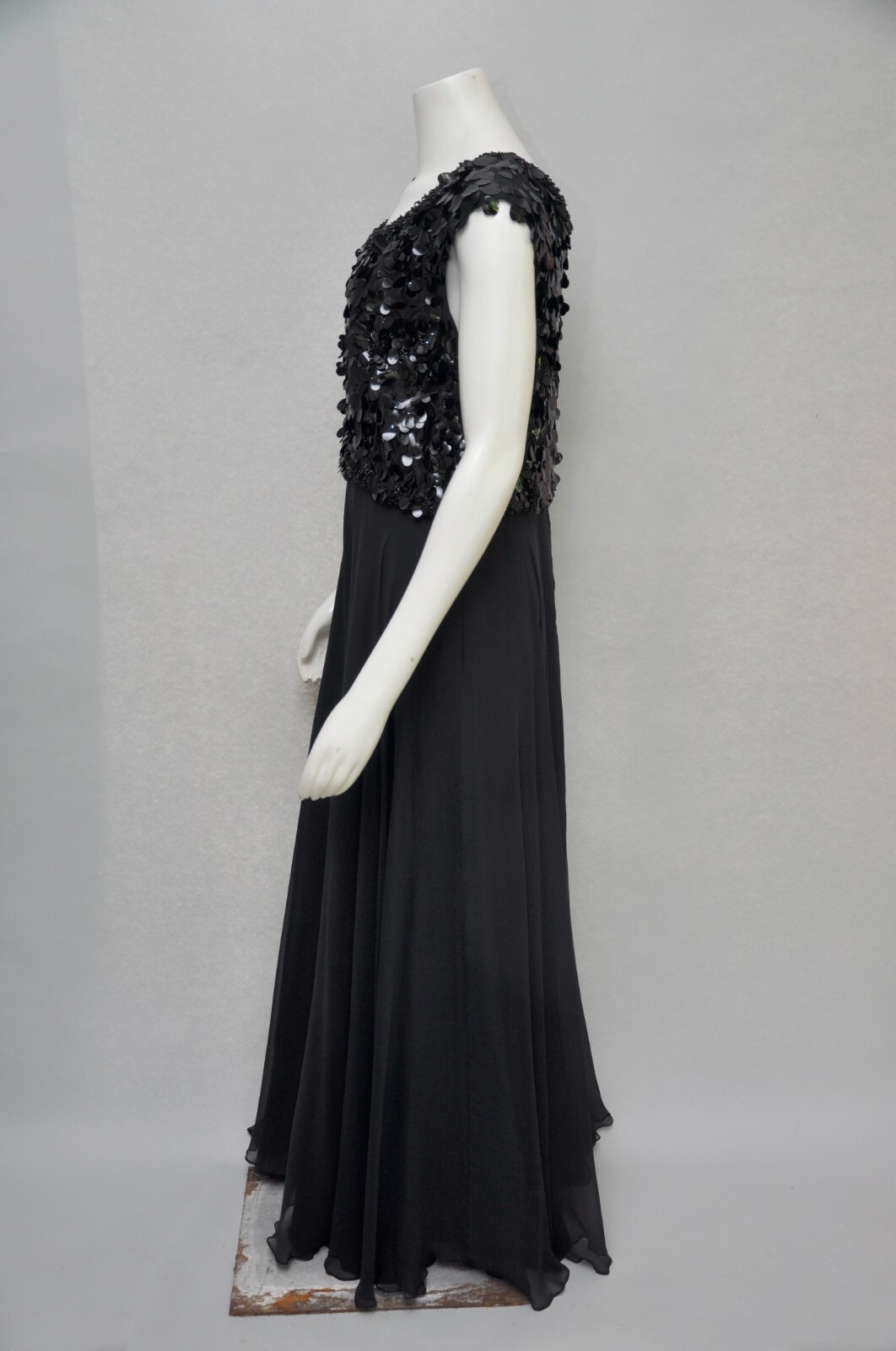 Vintage 1960s Black Silk Chiffon Party Maxi Dress w/ Paillette & Beading Formal
