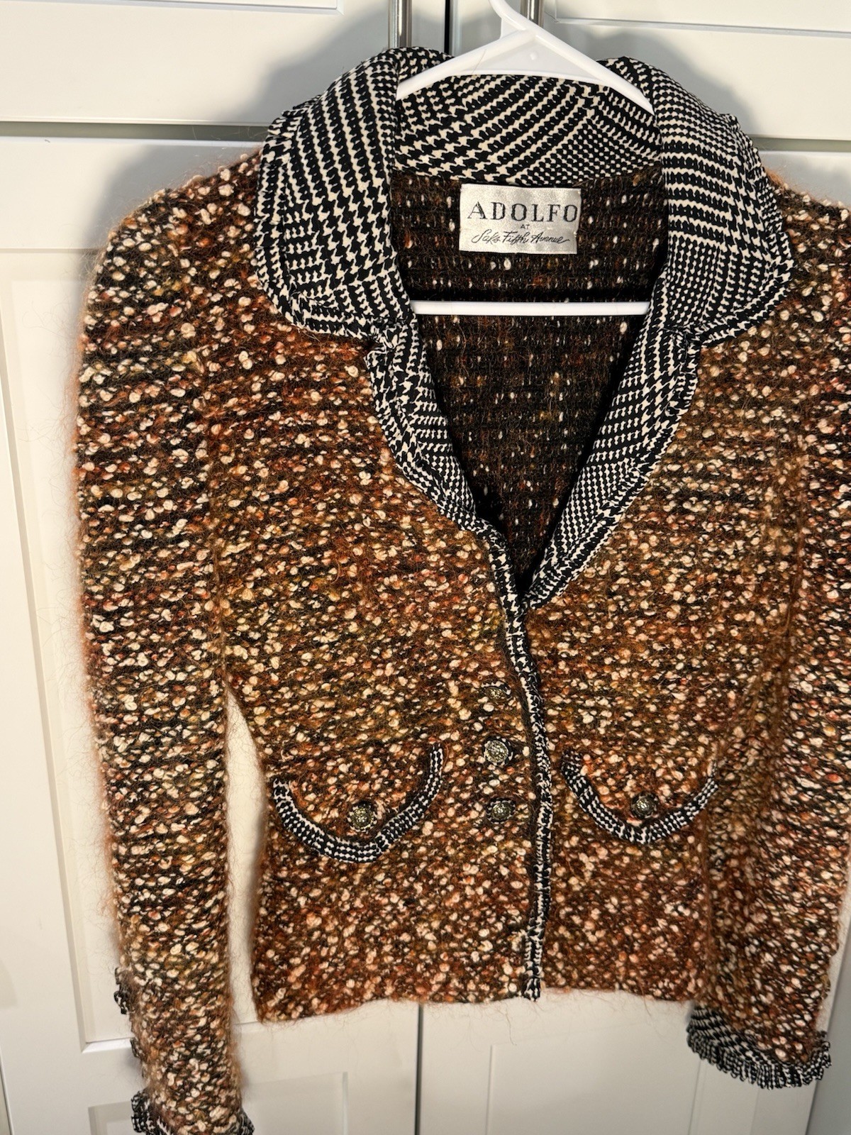 Adolfo At Saks Fifth Avenue XS Vintage Wool Suit Jacket Browns Boucle Tweed EUC