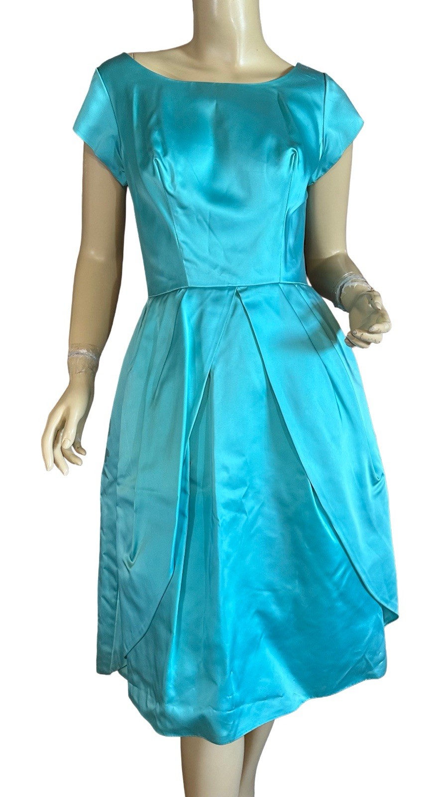VINTAGE CIRCA 1950’S AQUA BLUE SATIN BUBBLE HEM PARTY DRESS SZ APPX SMALL