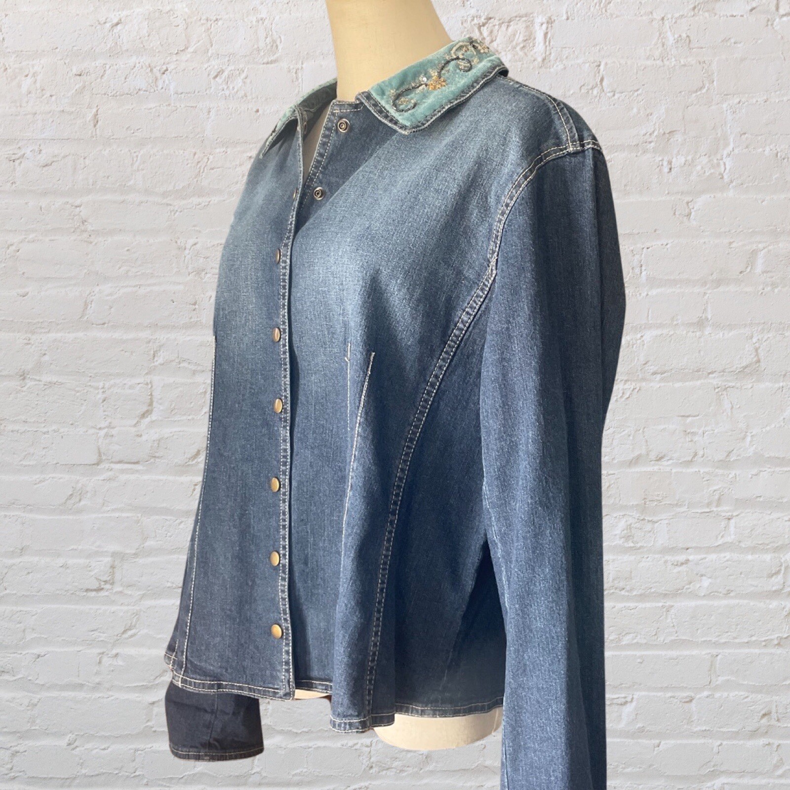 Vintage 90’s Y2K Denim Jacket With Valve Beaded Collar Boho Cottagecore Fairy