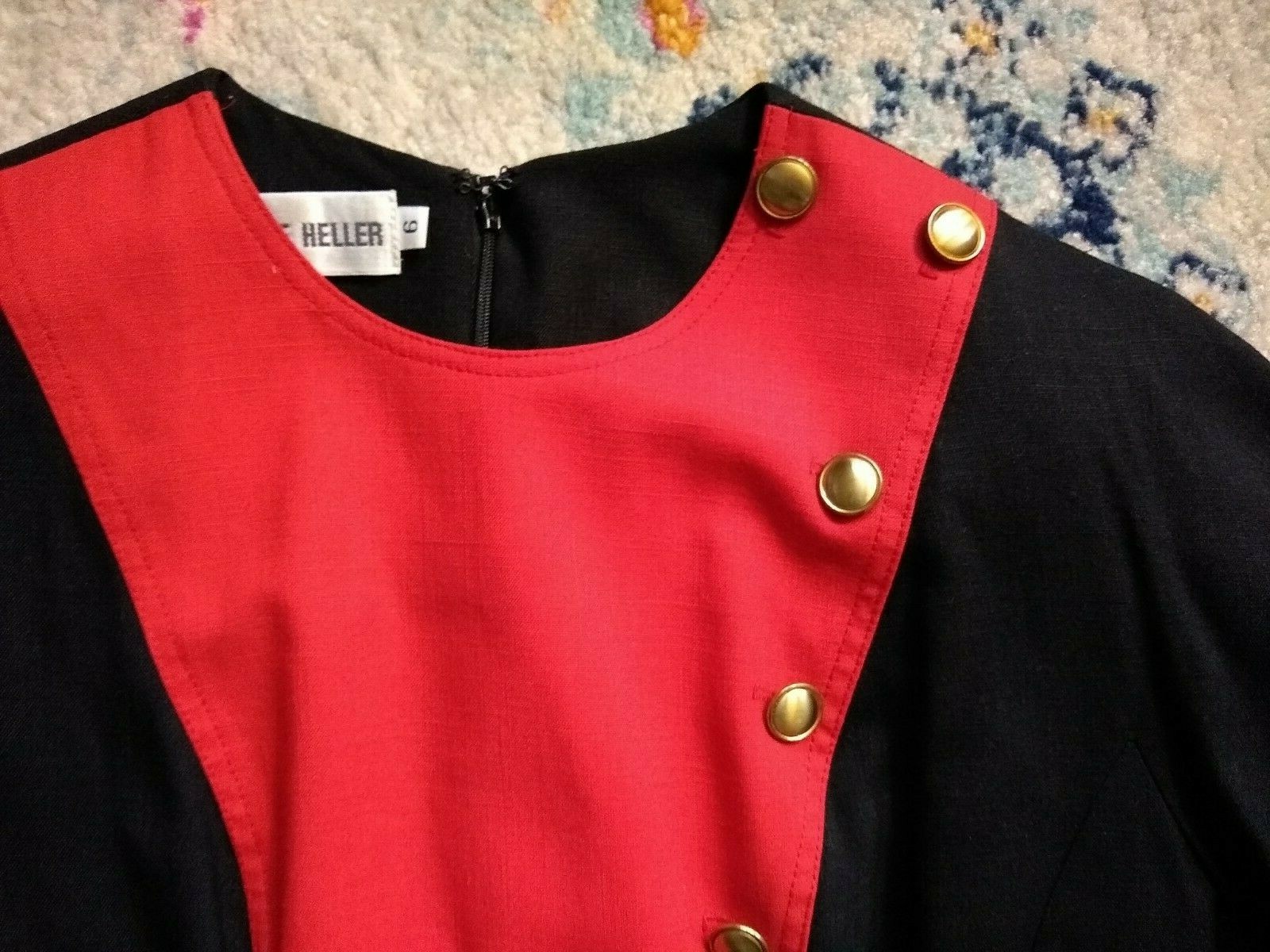 Vtg 1980s RONNIE HELLER Dress Linen Red Black Gold Buttons Secretary Sz 6