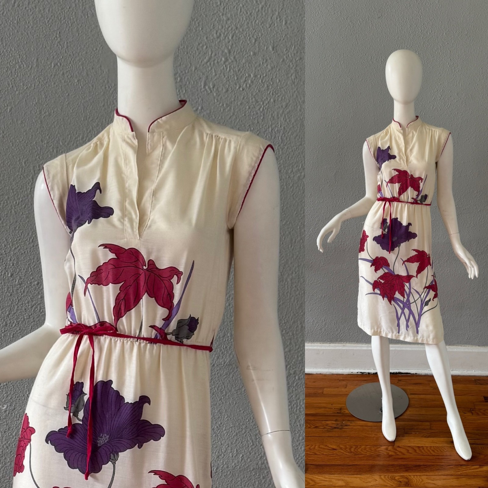 Vintage 70s Asian Inspired Mandarin Collar Floral Dress XS