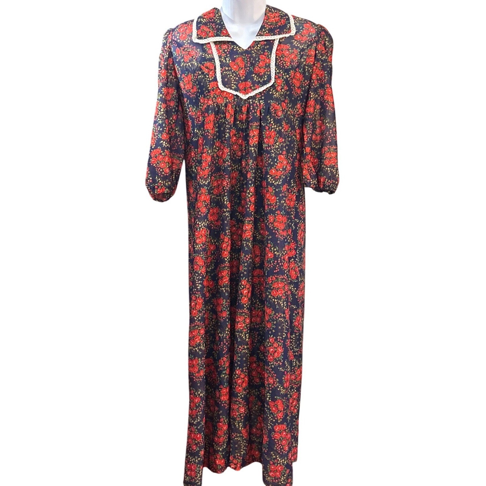 Vintage 70s Sheer Navy Red Floral Maxi Dress Cottagecore Prairie Rose Victorian