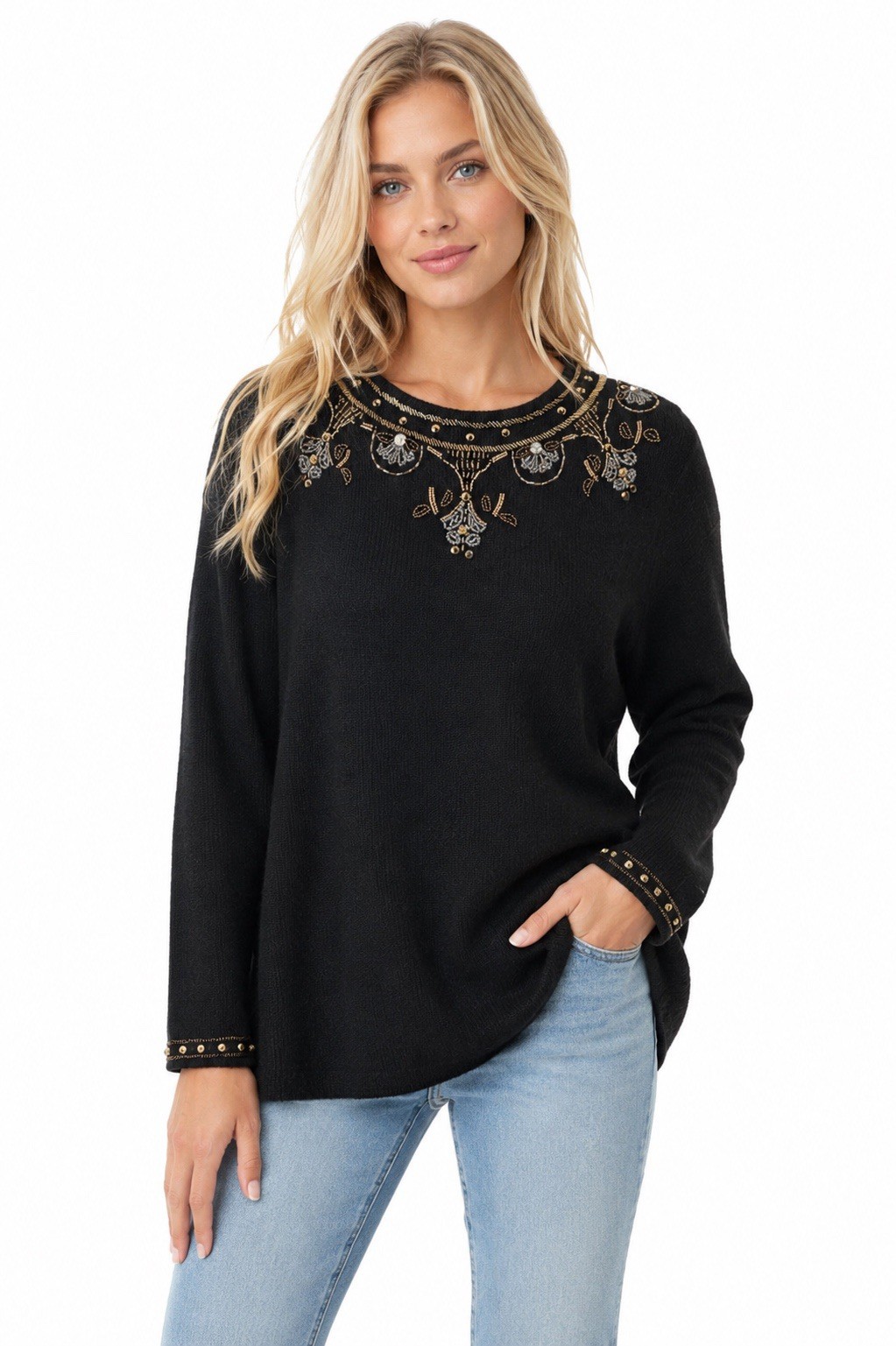 Vtg Boundary Waters Black Angora Lambswool Beaded Sweater Tunic M Embellished