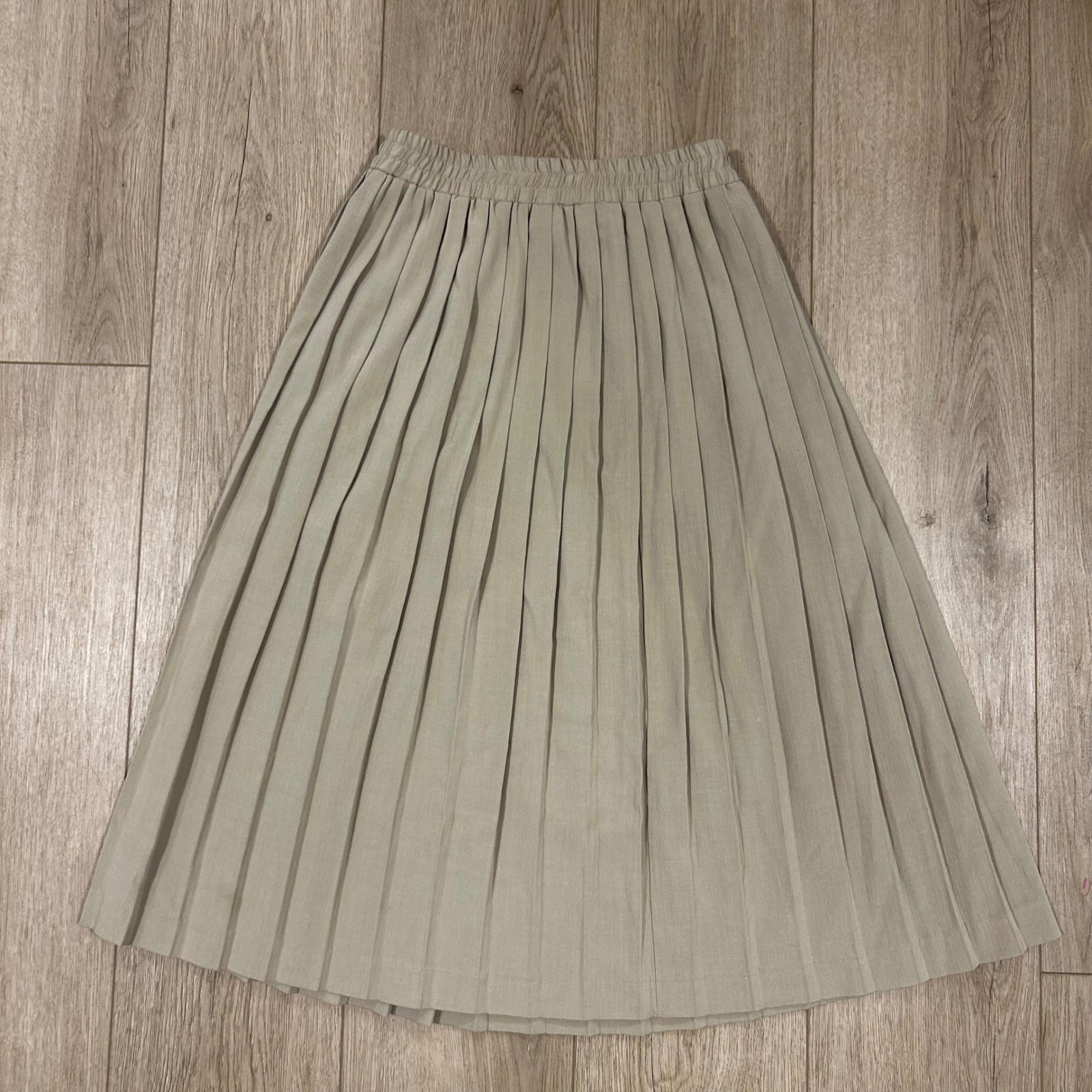 Greenbriar Fashions Vintage Tan Pleated Midi Skirt Elastic Waist 26″ 8 Small USA