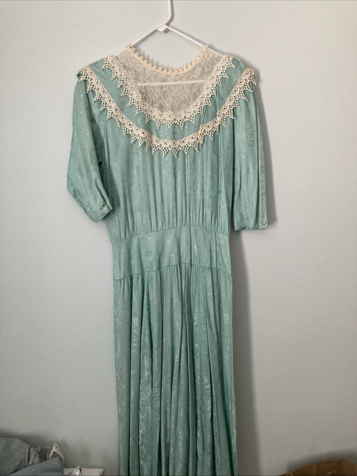 JSJ Vintage Aqua Jacquard/Brocade Dress With Lace & Pearls Size 7/8 Made In USA