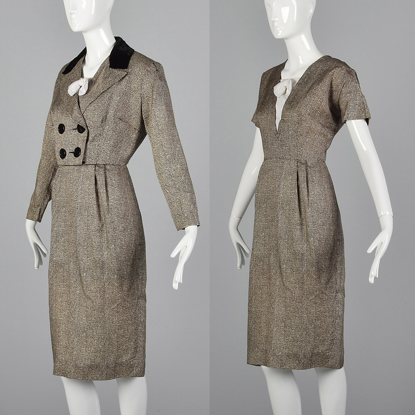 M 1950s Set Short Sleeve Pencil Dress Boxy Jacket Removable Dickie Day Wear 50s