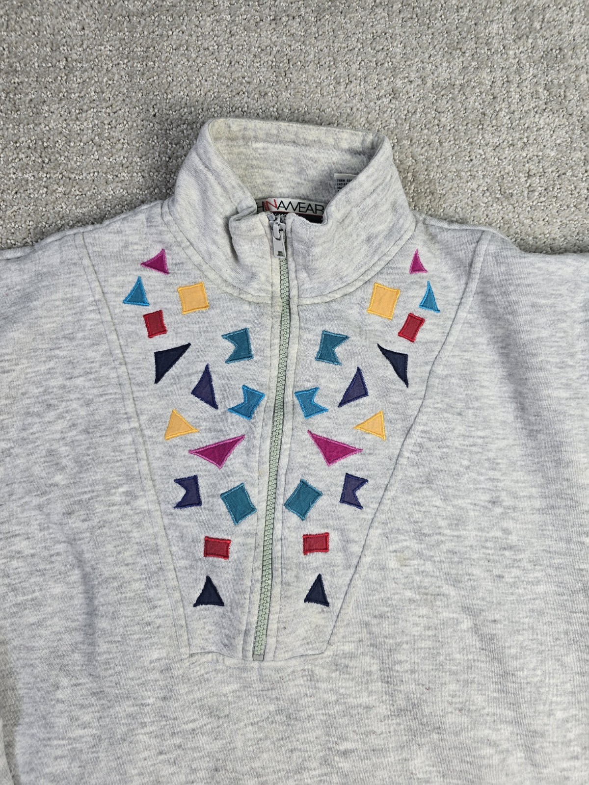 Vintage Chinawear Morsly M Gray Aztec Geometric Retro Zip Sweatshirt READ SPOTS
