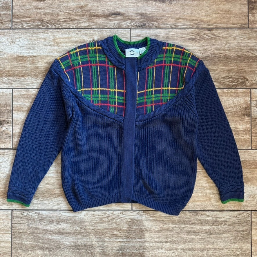 1980s CHAUS SPORT Blue Plaid Cardigan Sweater Size Medium