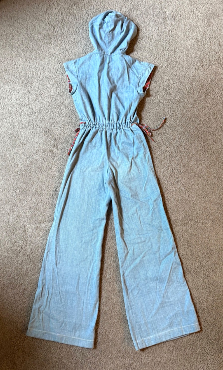VTG 70s Women’s Denim Hooded Disco Boho Jumpsuit Romper – Size Small Tall