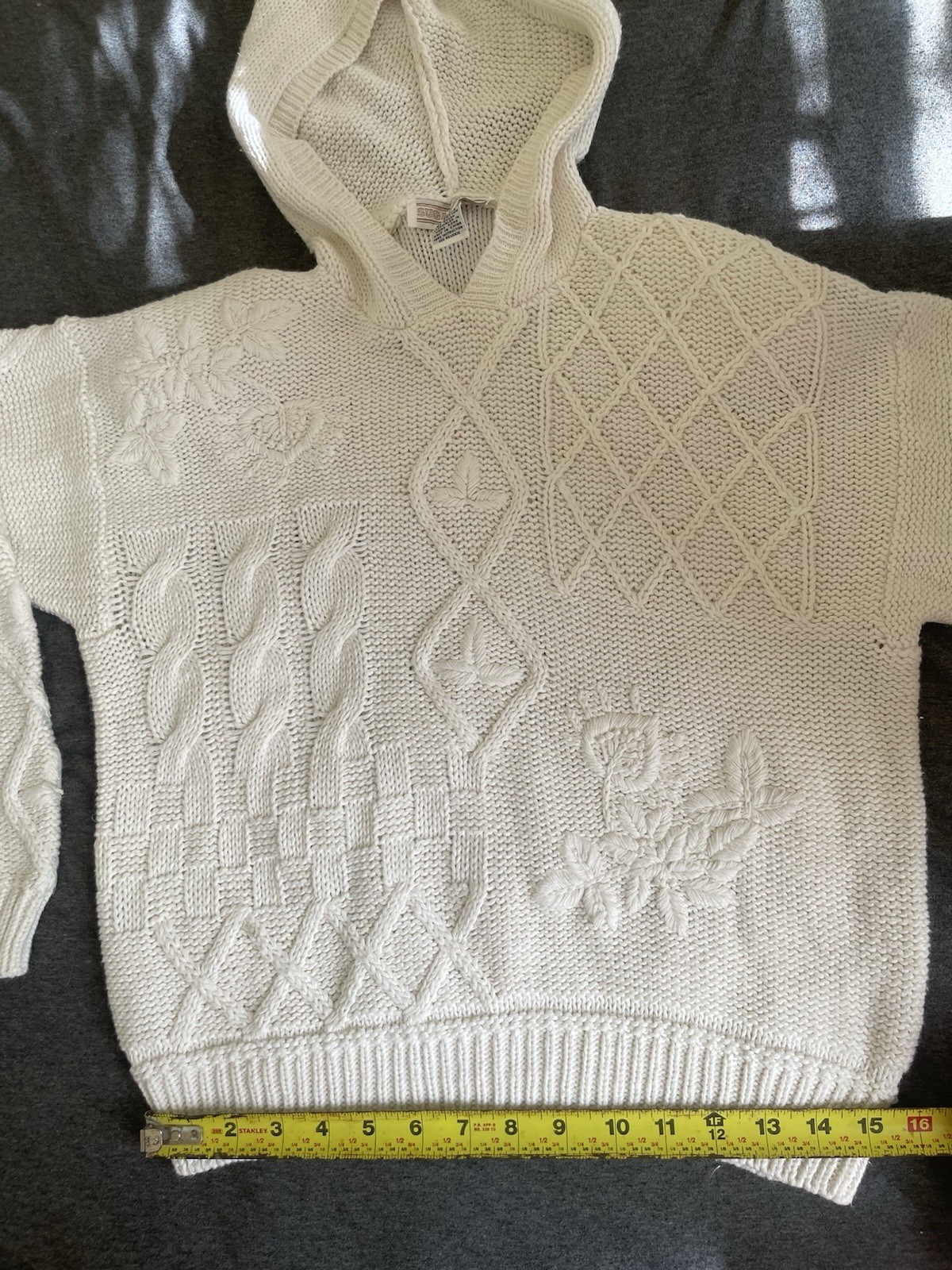 VTG Sugar Co. Ltd. Patchwork Cable Knit Hoodie Sweater In White Sz M