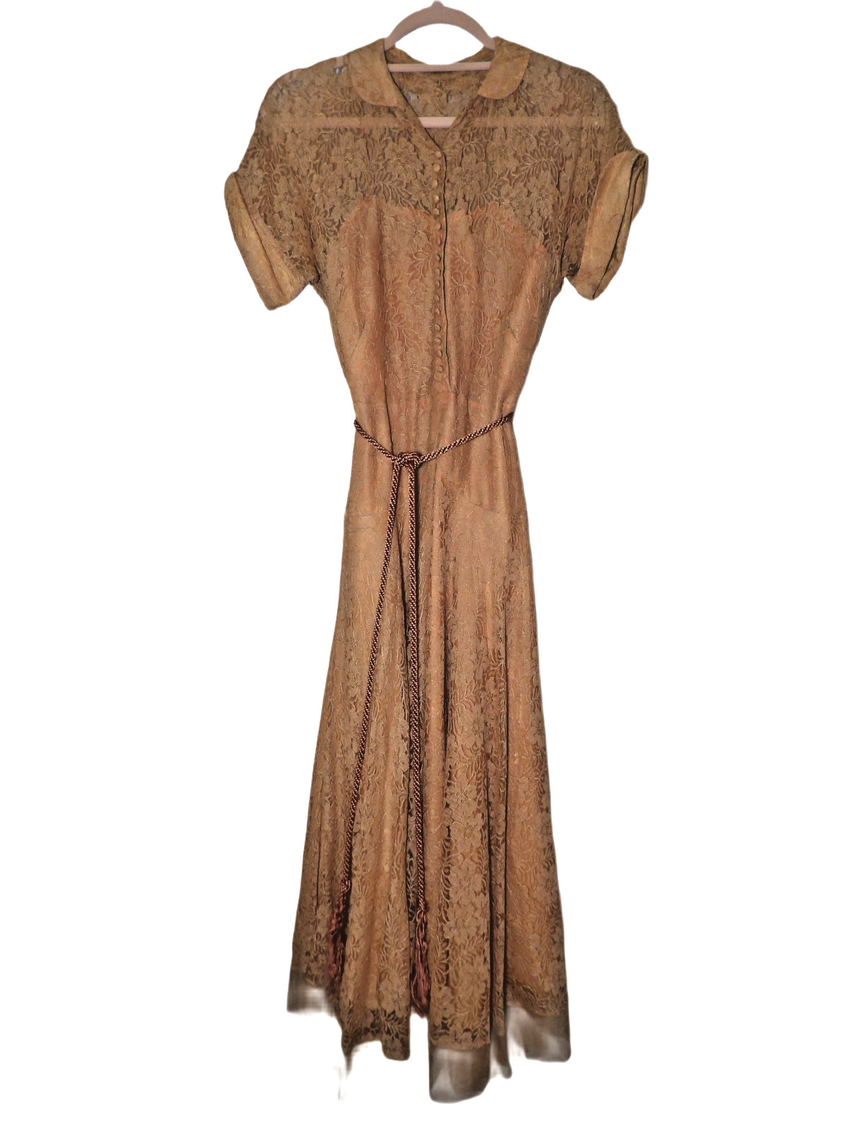 1930’s Vintage Terracotta Lace Dress w/ Collar + Button Down Size XS