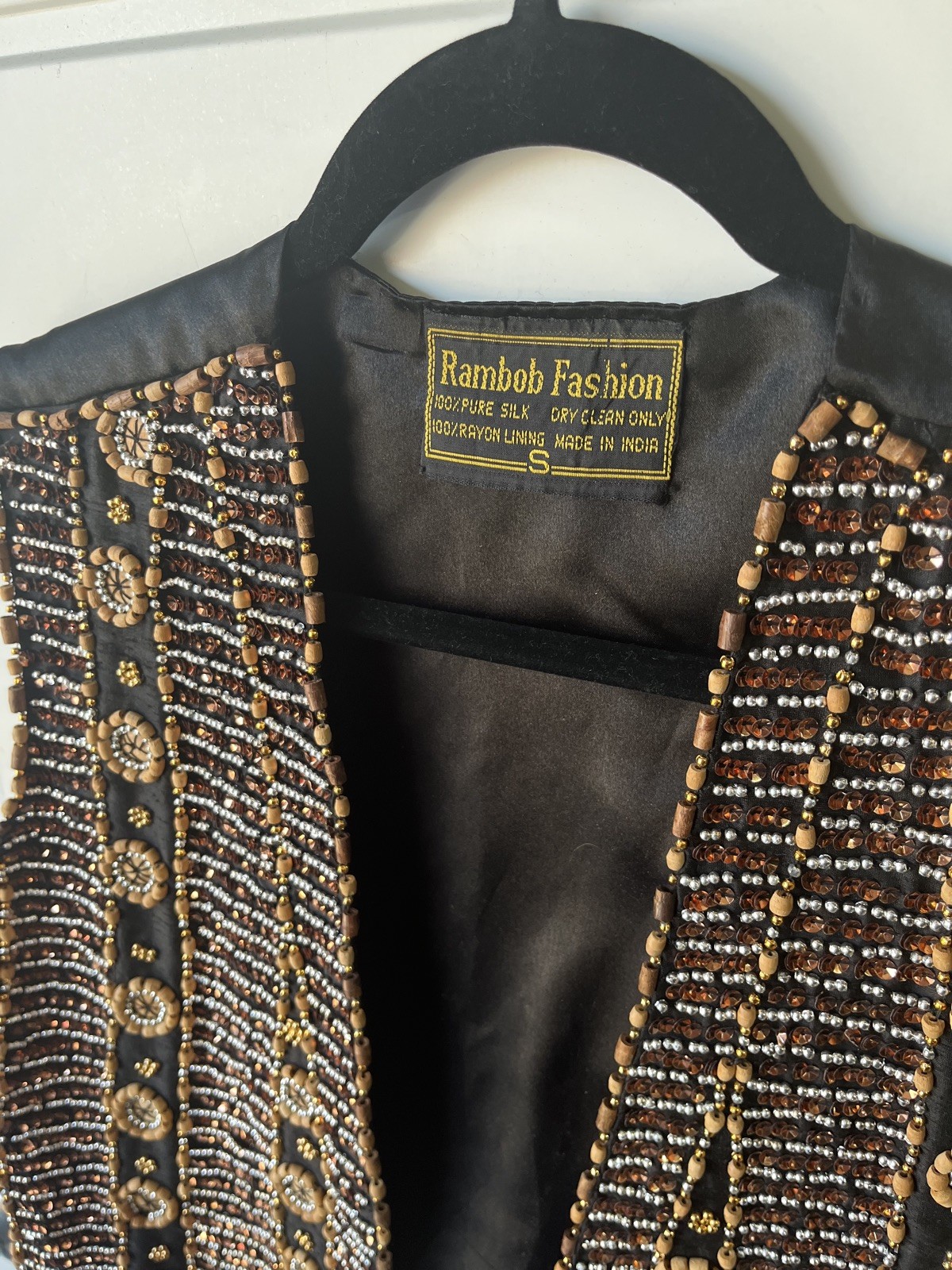 Vintage Beaded Silk Vest Womens Small Black Boho Festival India Embellished
