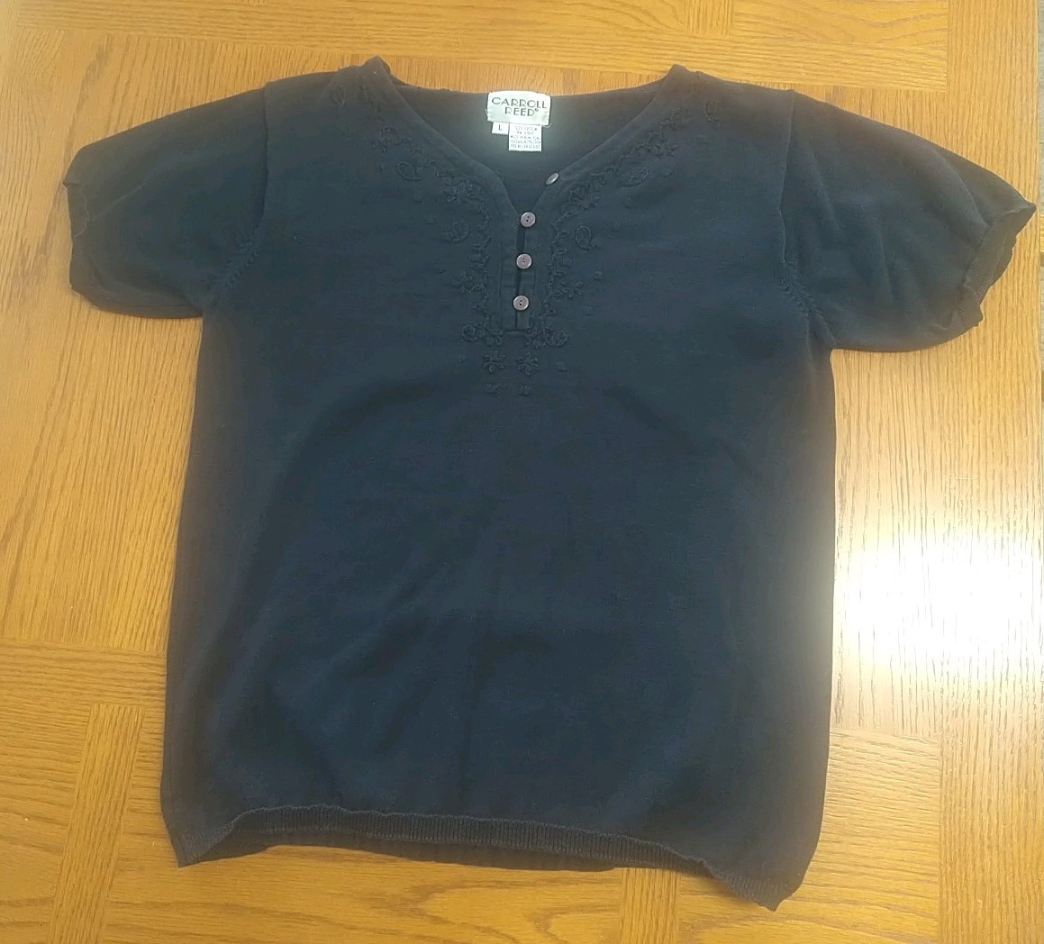 CARROLL REED Vintage Black Embroidered Blouse *SZ L* Made In Hong Kong