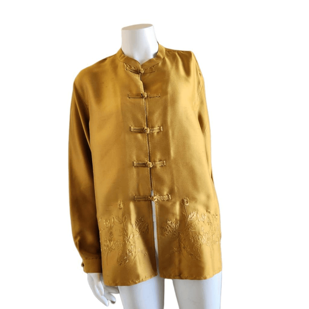 Chico’s Design mandarin collar 90’s golden yellow liquid silky too tunic 100% si
