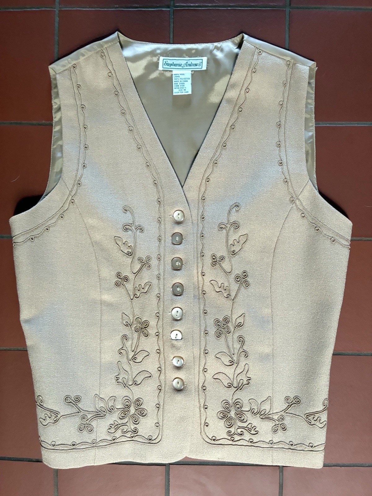 Vintage 90s Beige Tie Back Stephanie Andrews Embroidered Wool Vest size Medium