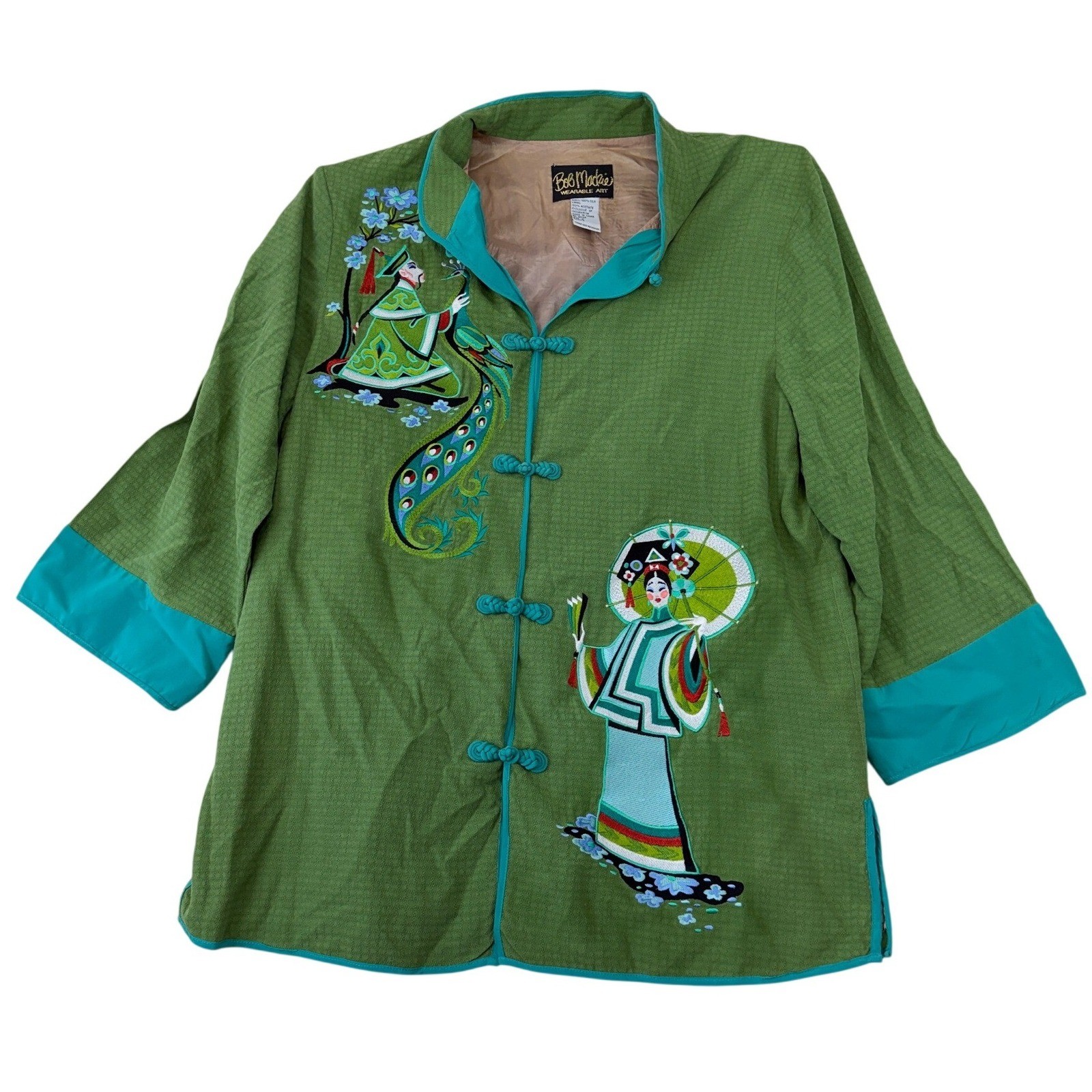 Bob Mackie Wearable Art Silk Chinoiserie Embroidered Jacket Green Peacock Sz M