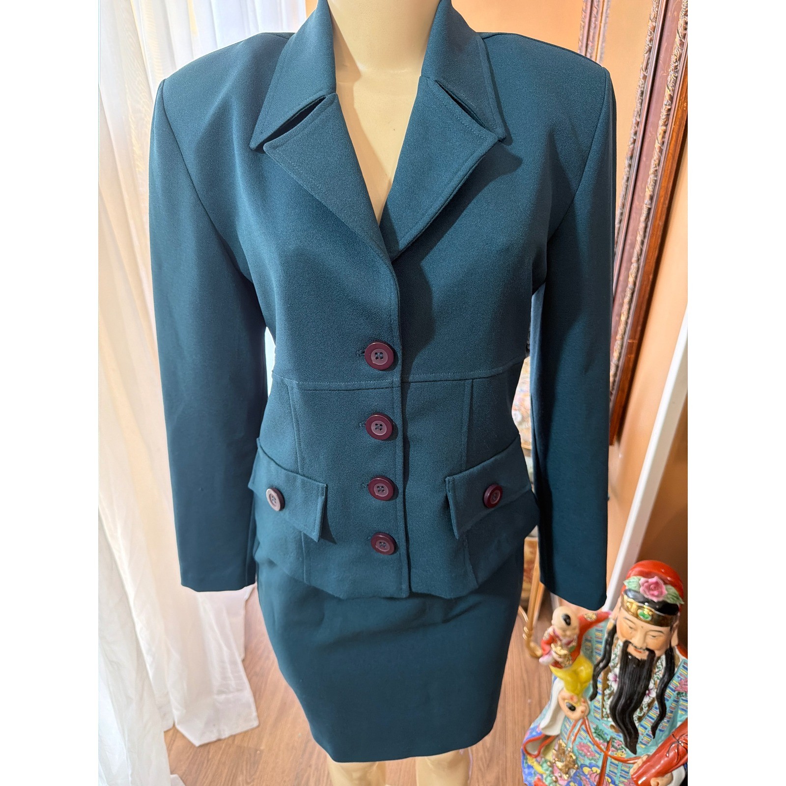 Vintage JFW Contemporary Collection Teal Skirt Suit Set Blazer Pencil Skirt Med