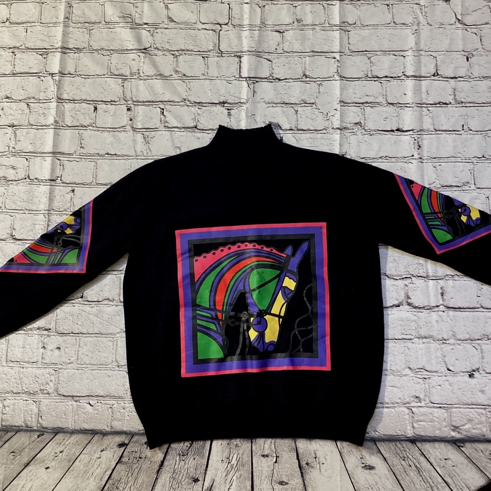 Hardy Amies Vintage Abstract Horse Graphic Mock Neck Sweater Black Multi Color