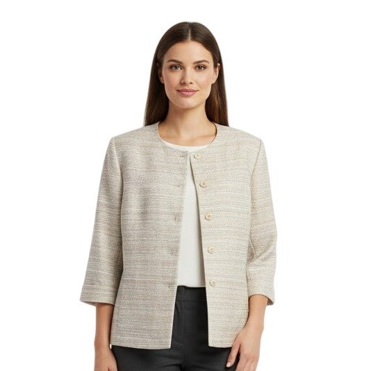 Alfred Dunner Jacket 12 Beige Multicolor Boxy Button Front Textured Vintage Chic