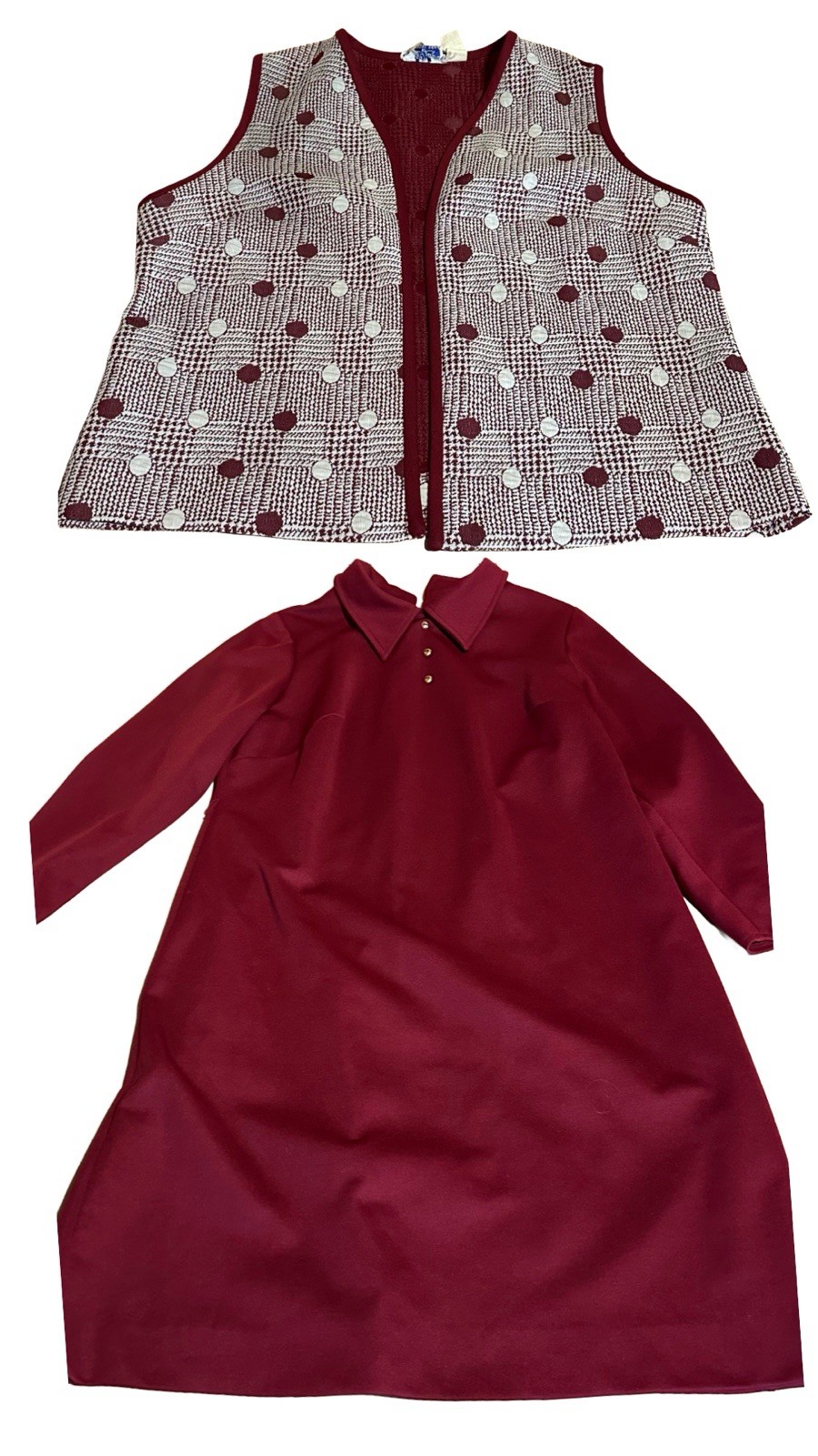 VINTAGE CIRCA 1970’S LADY LAURA BURGUNDY SHIFT DRESS & VEST SET SZ 18