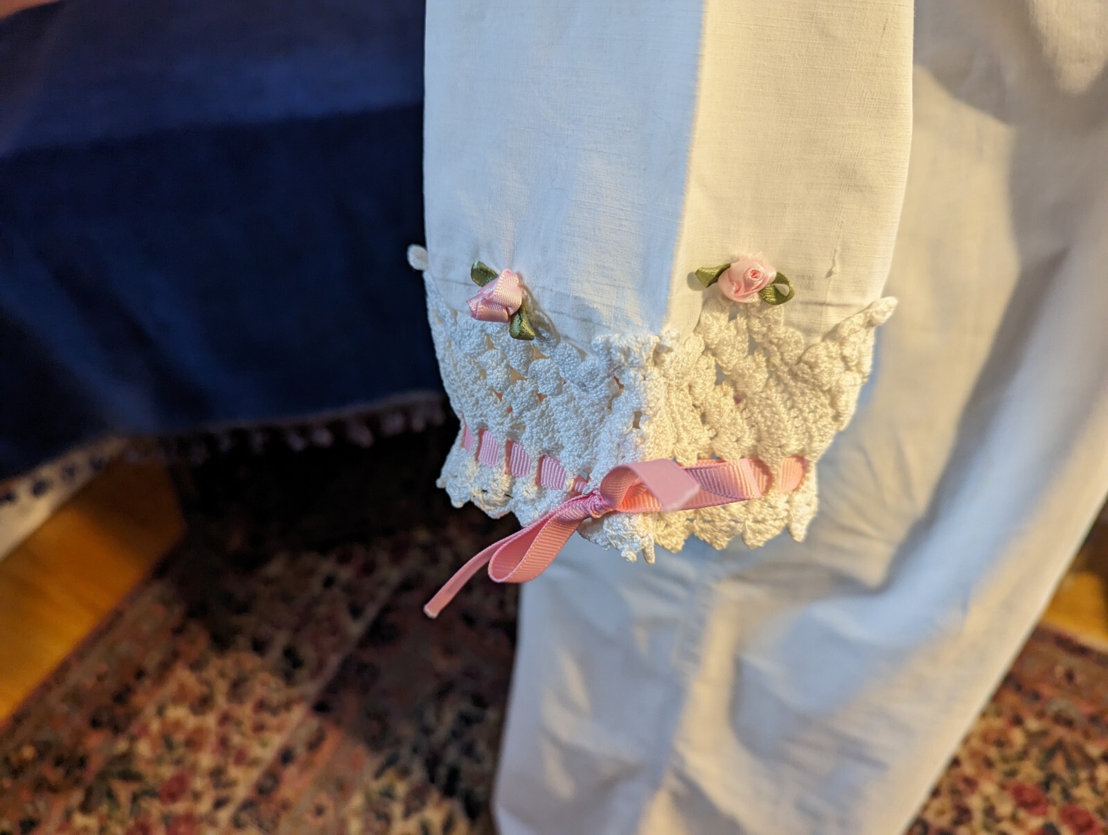Antique Vintage Edwardian Crochet Lace Handmade Nightgown Ribbon Roses ca 1917