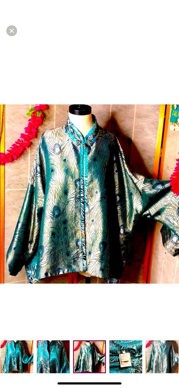 Vintage Rising Phoenix Silk Blouse I 1980s 1990s Teal Peacock KimonoStyle Top L