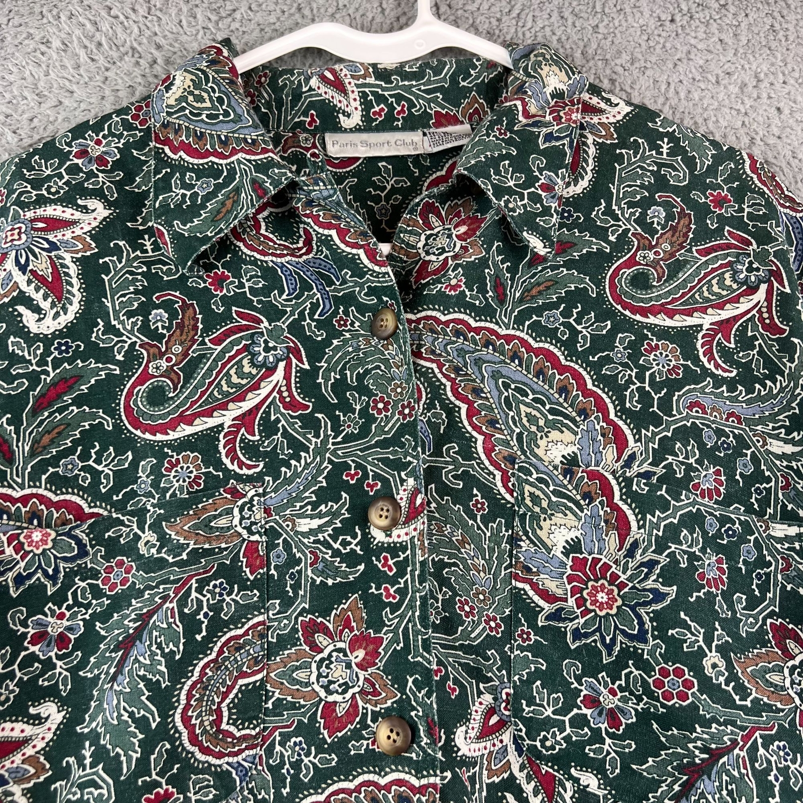 Vintage 80’s Paris Sport Club Women’s parsley Floral Camp Shirt Sz Medium