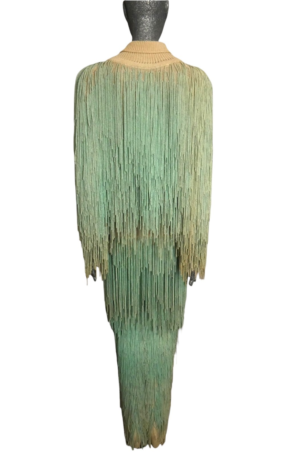 PIERRE CARDIN HAUTE COUTURE – 1973 Green Ombre Fringe Knit Ensemble, Size-4