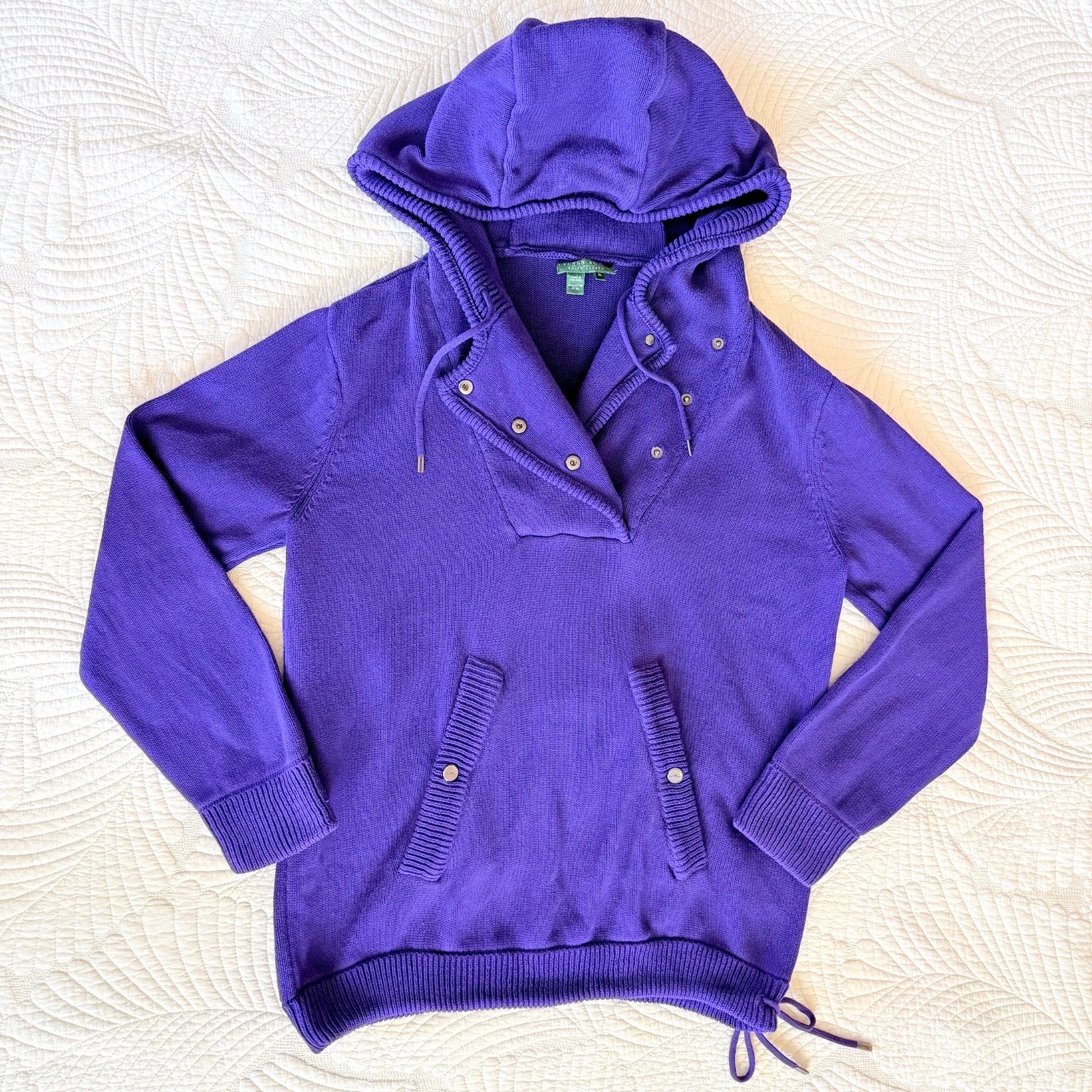 VTG Preppy Old Money LRL Ralph Lauren Hooded Knit Sweater Purple 100% Cotton XL