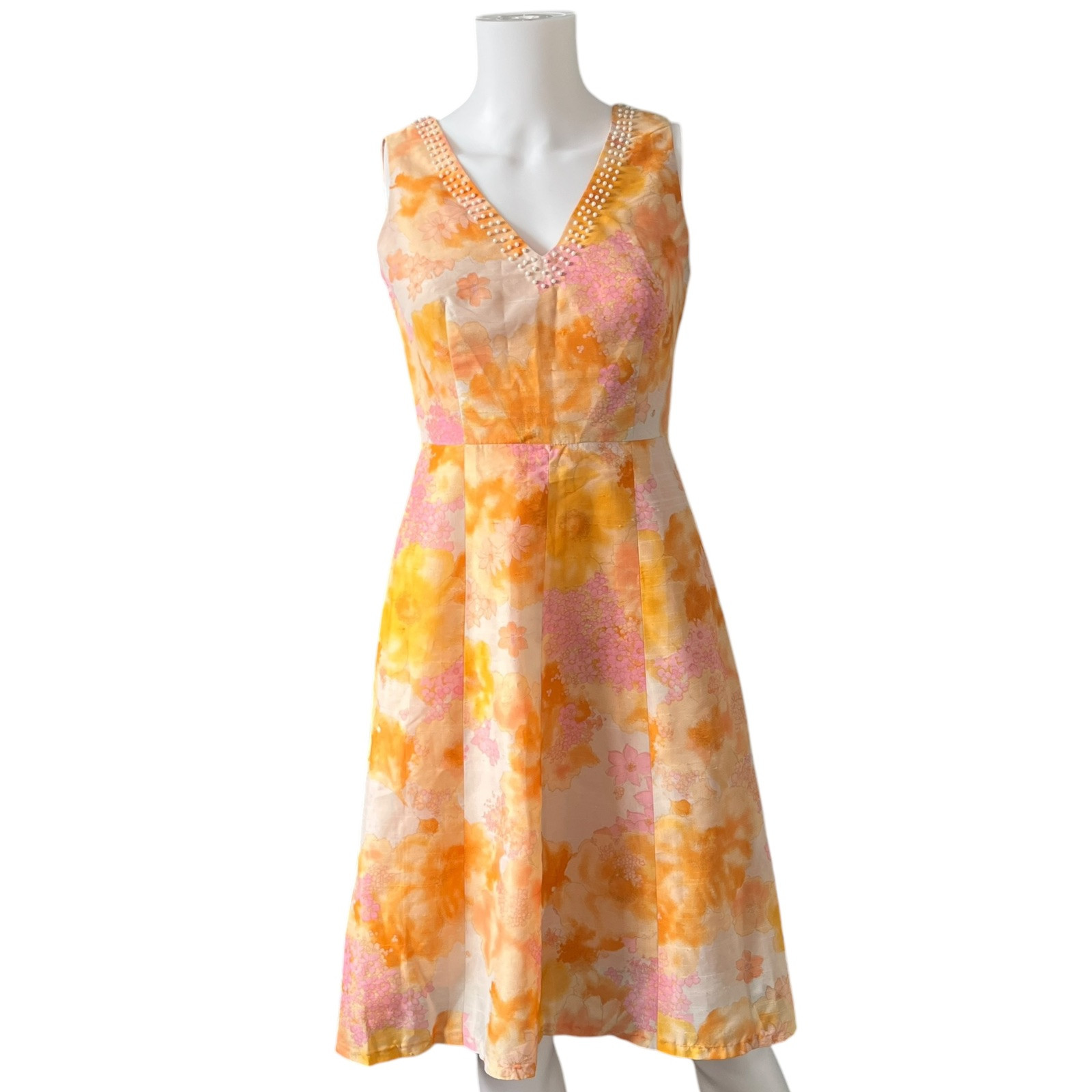 Vintage Orange and Pink Sleeveless Dress V Neck Beaded Abstract Floral Spring